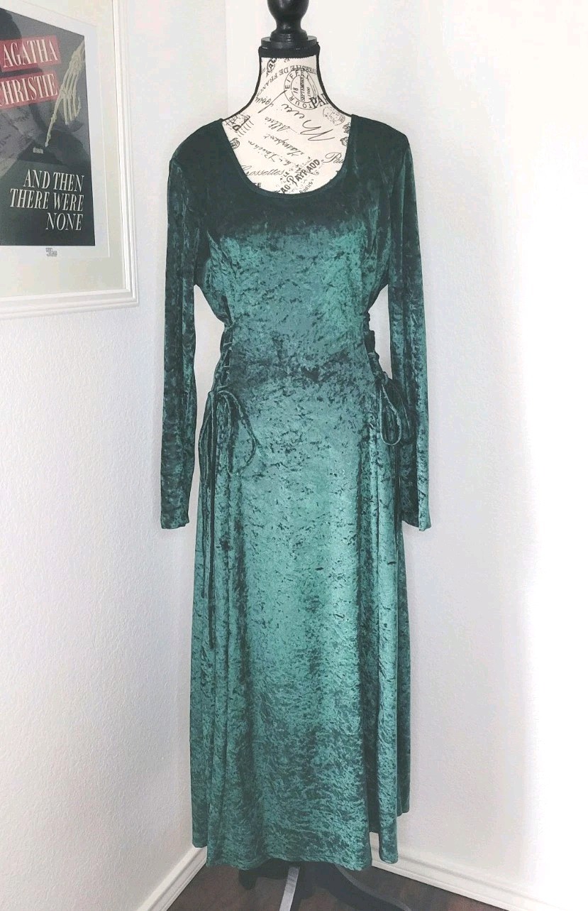 Vintage Crushed Velvet Emerald Green Maxi Dress Whimsygoth Lace Up Size Large