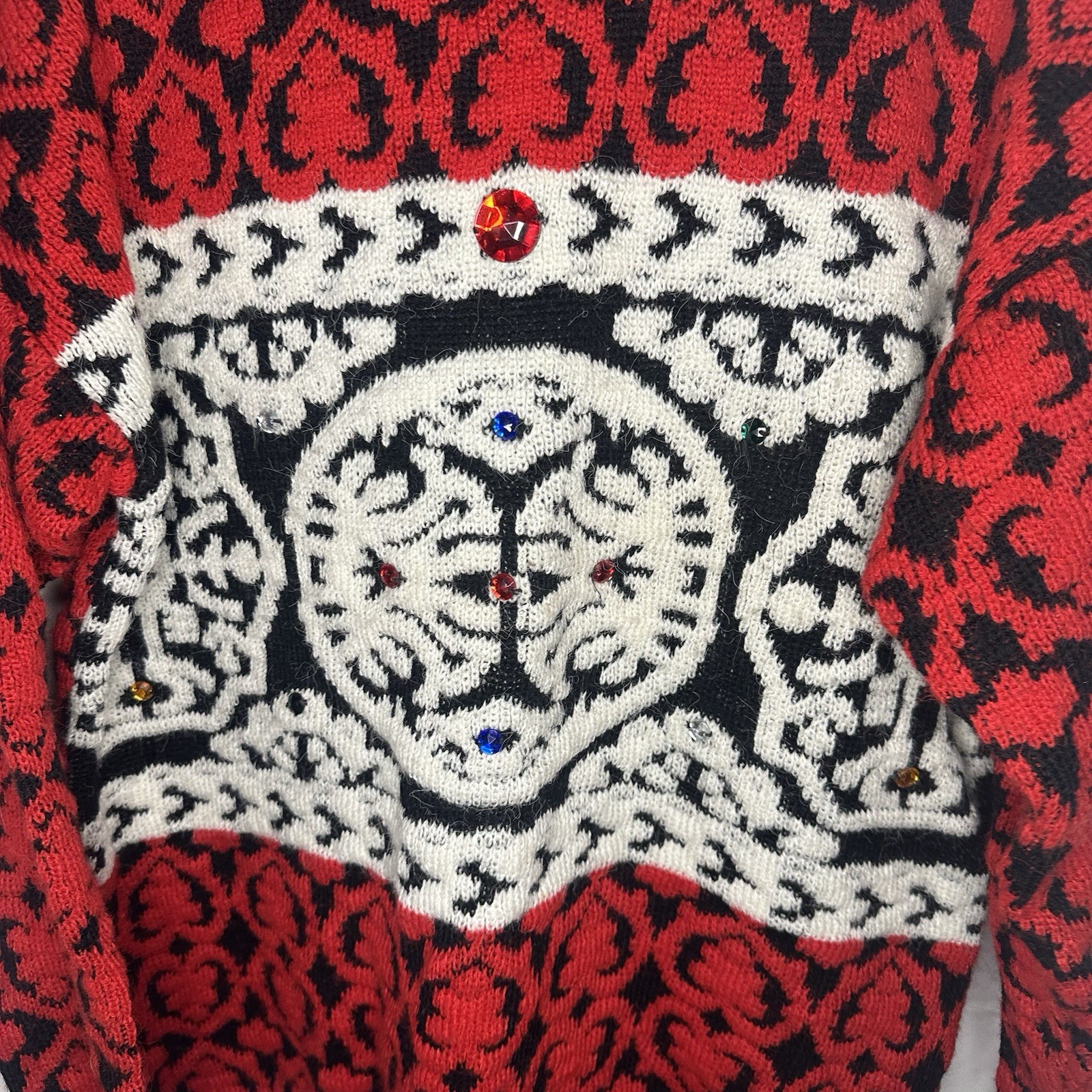 Vintage 80’s Women’s Midnight Blues Red & White Rhinestone Knit Sweater Size M￼