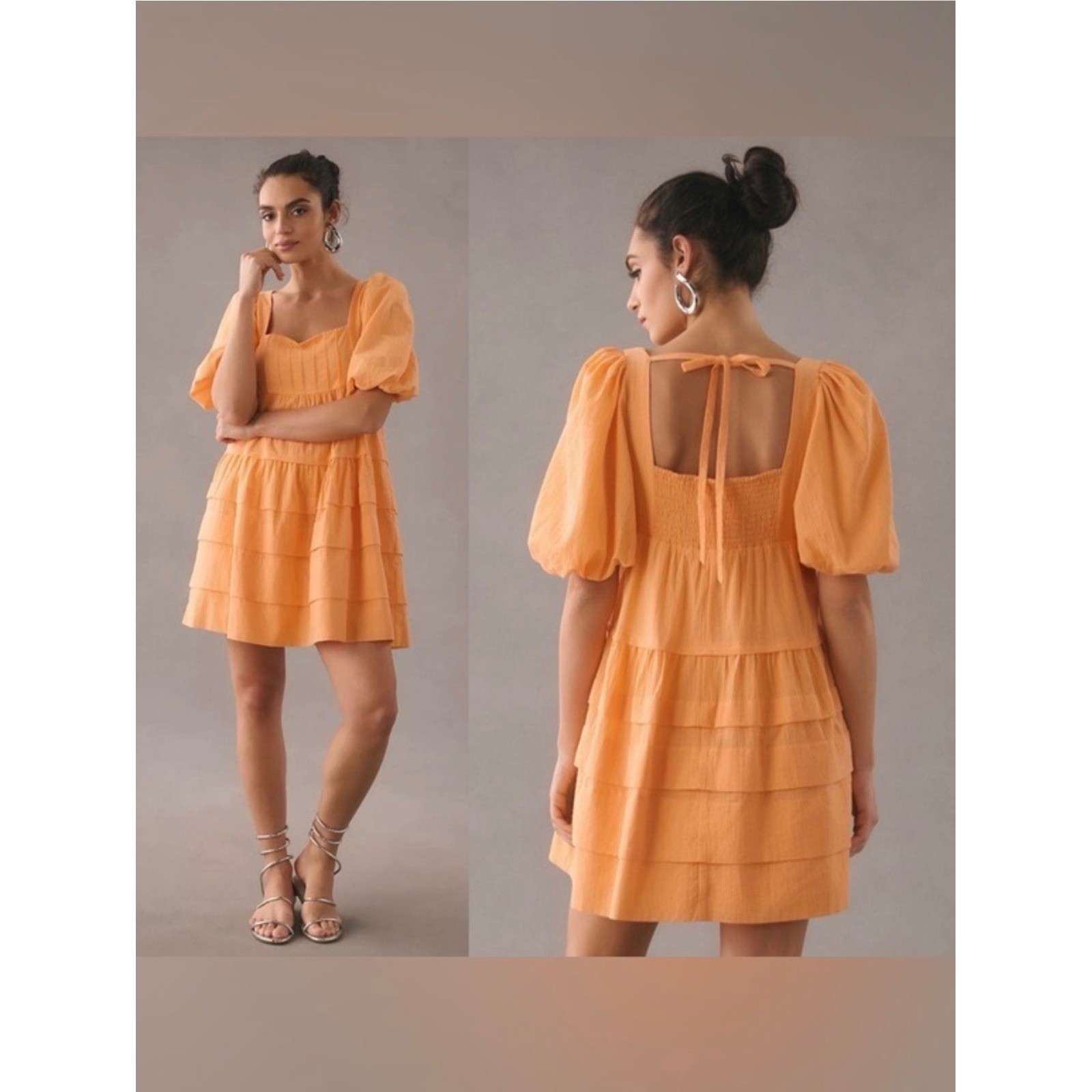 Anthropologie Peach Puff Sleeve Square Neck Tiered Mini Dress Size M