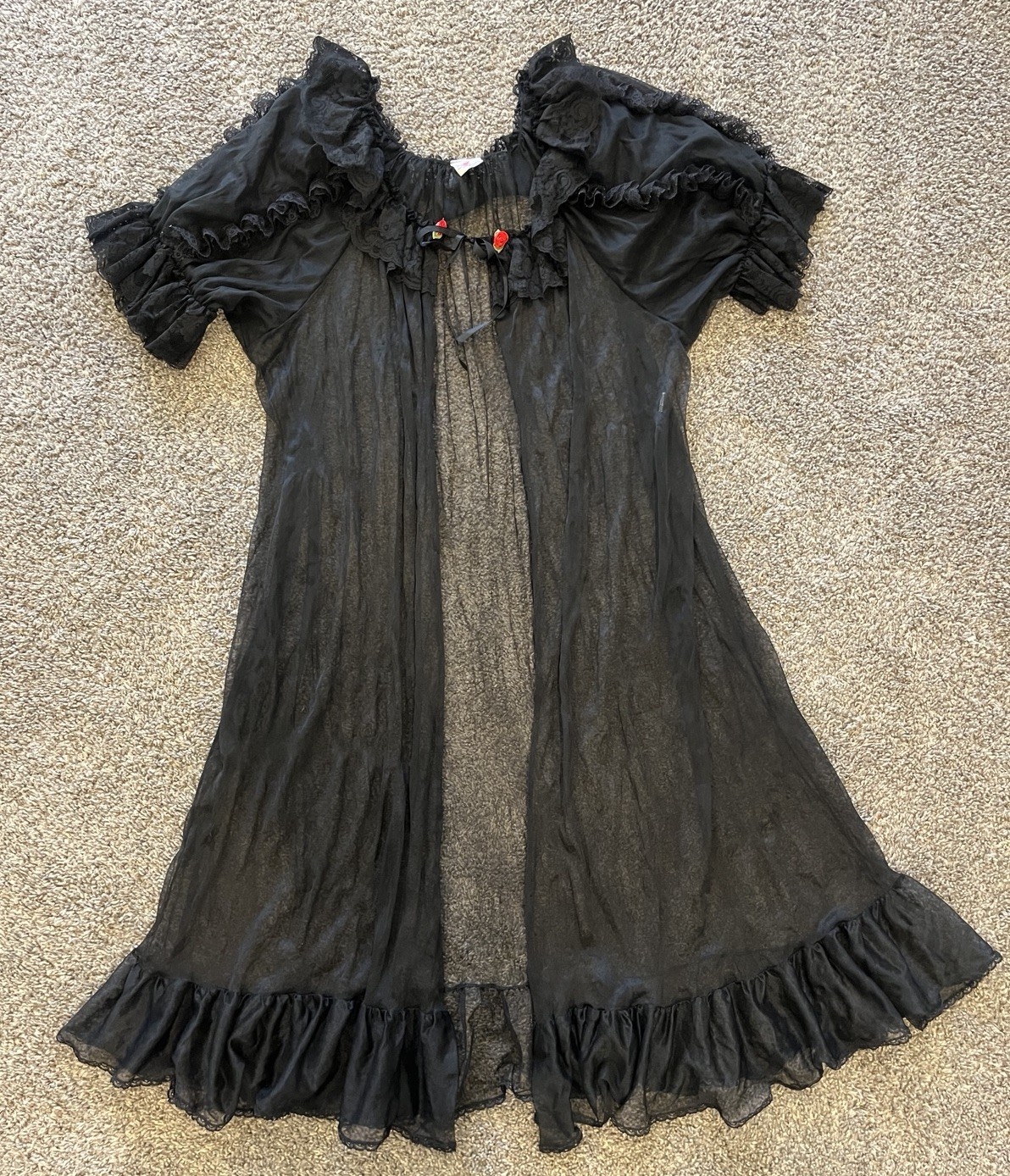 90s Vintage Peignoir Black Robe Red Rosettes Coquette Dark Goth Lana Lolita