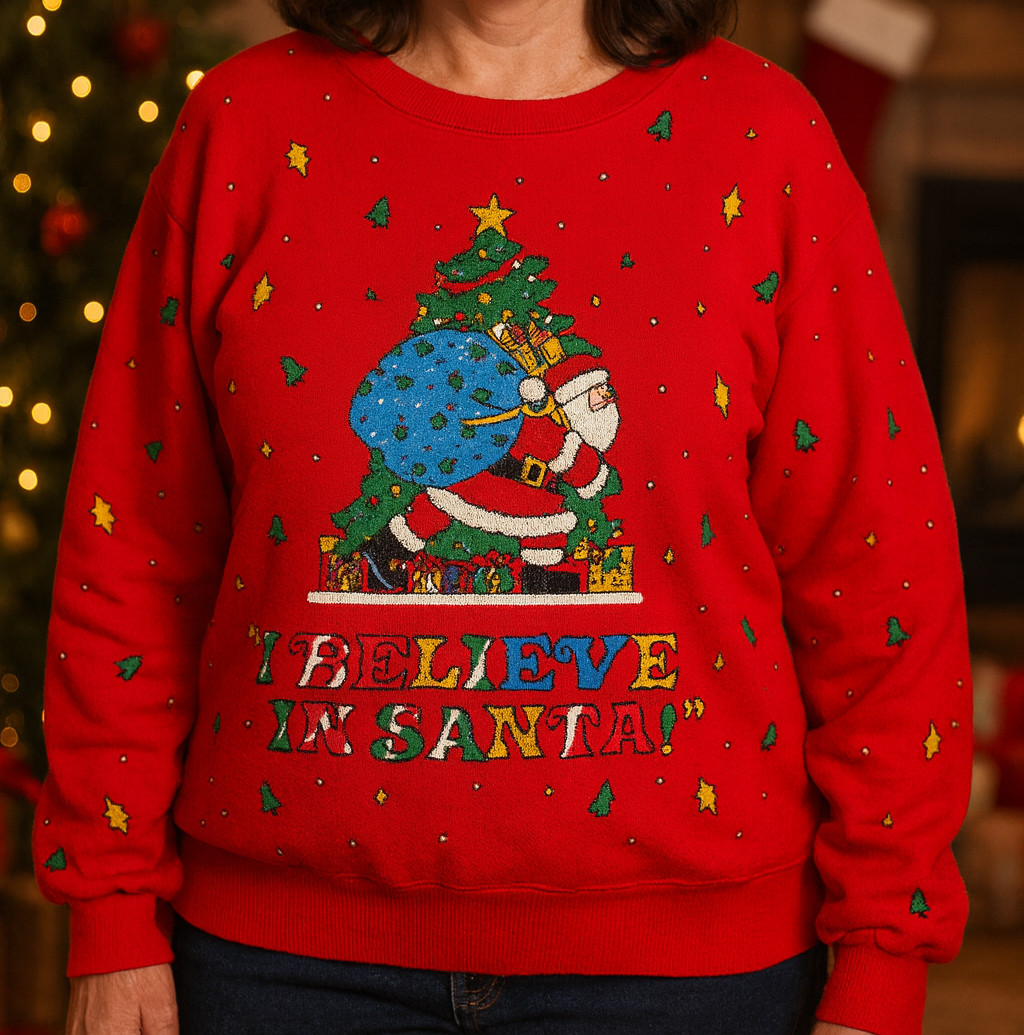 VTG 1980s Holiday Time Women’s XL Red Christmas Sweatshirt “I Believe In Santa”