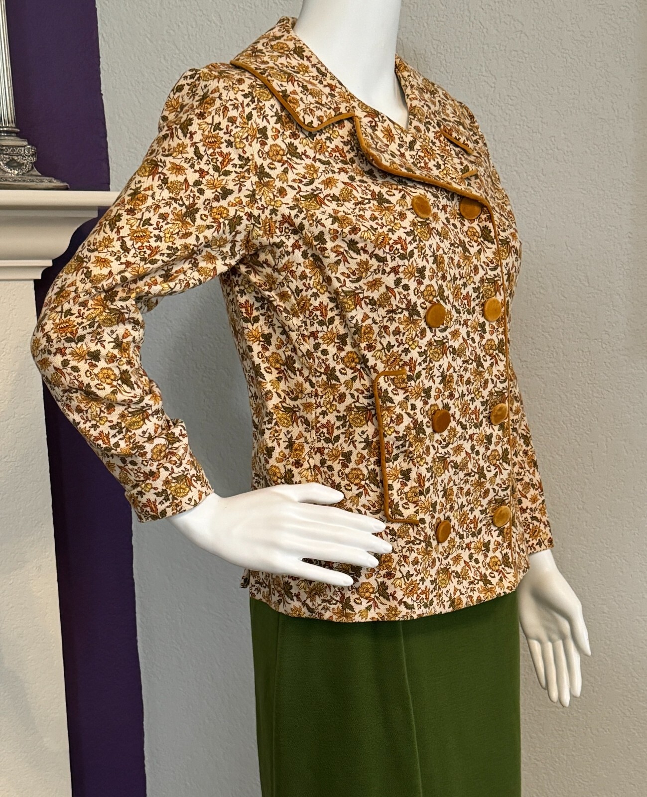 Vintage 70s Robbie Rivers Army Green, Gold, Brown Flower Jacket & Catilina Skirt