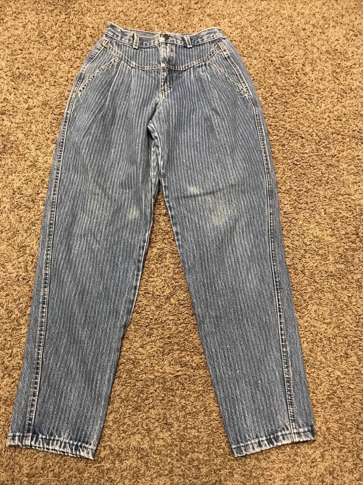 Vintage Zena Jeans Womens 10 High Rise Waist Mom Blue Striped Denim Tapered A5