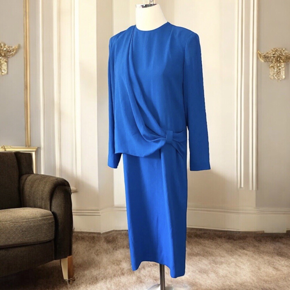Vtg 70s Henry Lee Dress Womens Petite 8 Royal Blue Drape Front Midi Formal Shift