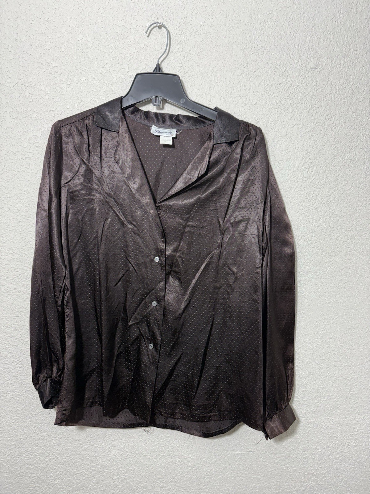 Vintage Rhapsody Satin Acetate Blouse Sz 38 Brown Dotted Jacquard ILGWU Union