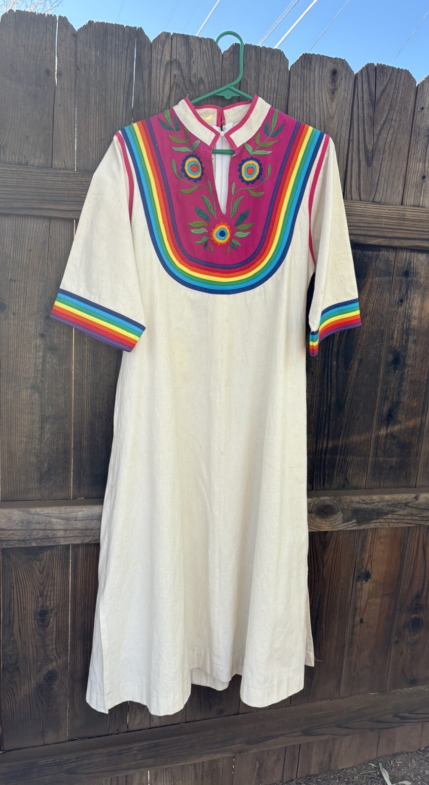 Irene Pulos VTG Mexican Embroidered Dress Medium Boho Rainbow Pride Cotten