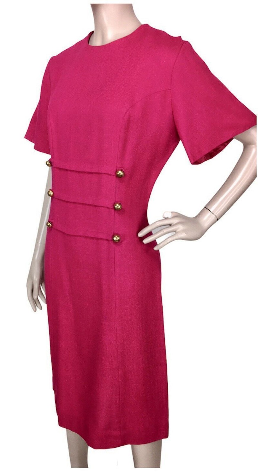 VTG 50s Pink Woven Military Style Brass Buttons Dolman A-Line Dress Size Medium