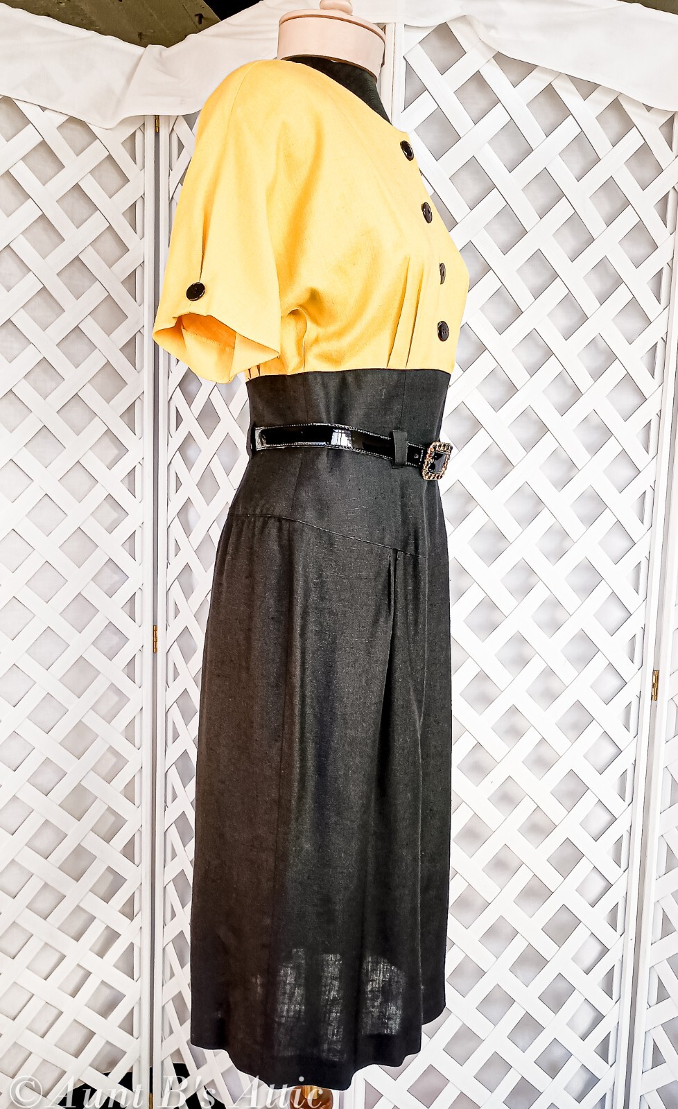 Vintage 80’s Dress Kasper For ASL Yell/Blk Linen Sheath Style Belted Dress 6/7