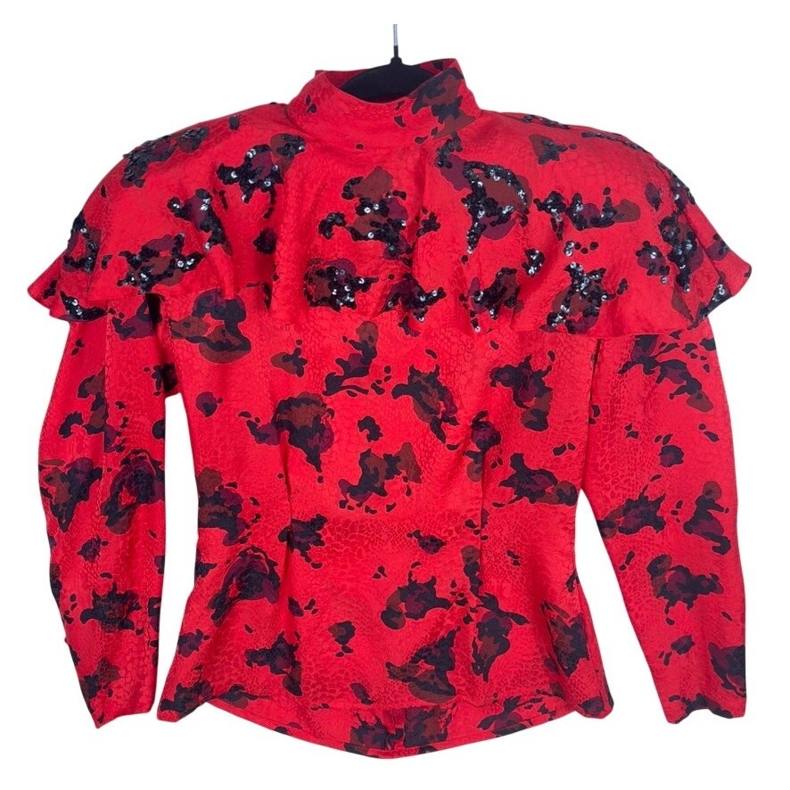80s Vintage Della Roufogali 100% Silk Blouse High Animal Snake Sequin Glam Small