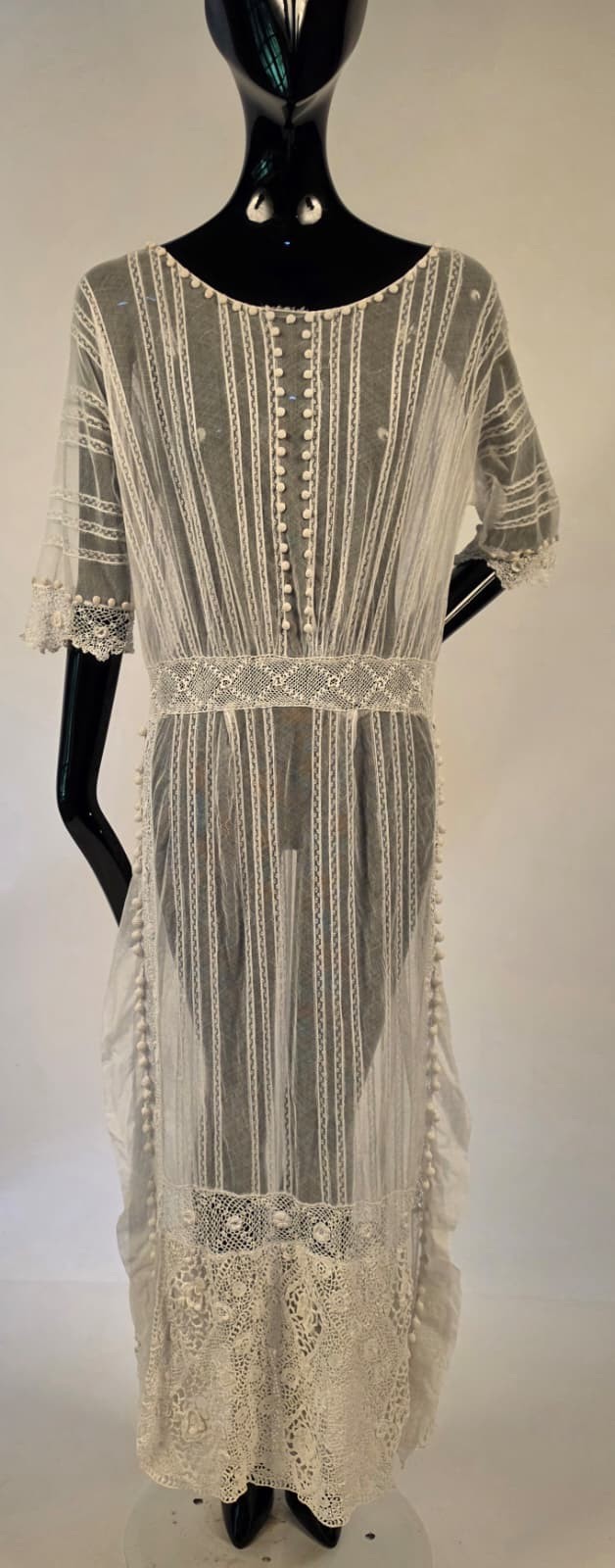 EDWARDIAN TEENS WHITE NET DRESS W HAND MADE IRISH CROCHET LACE + SIDE RUFFLES