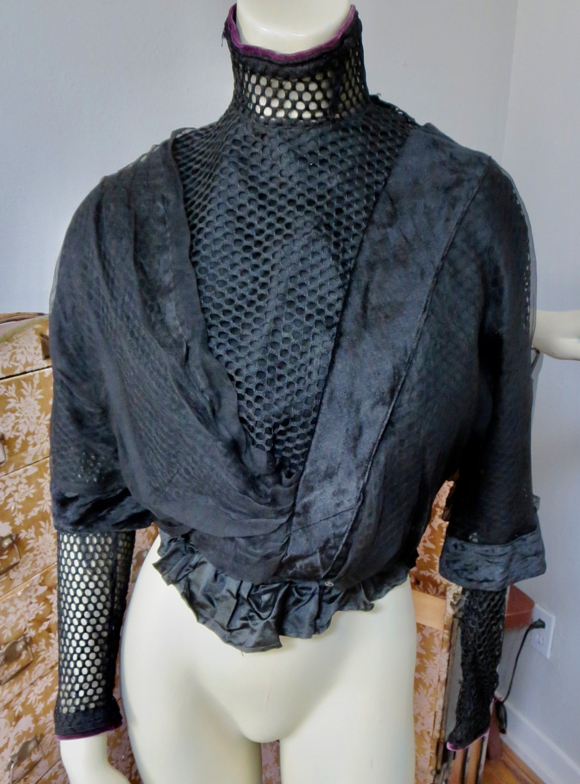 Antique 1880s Black Mourning Bodice Top Silk Net Lace Velvet Ribbon AS IS