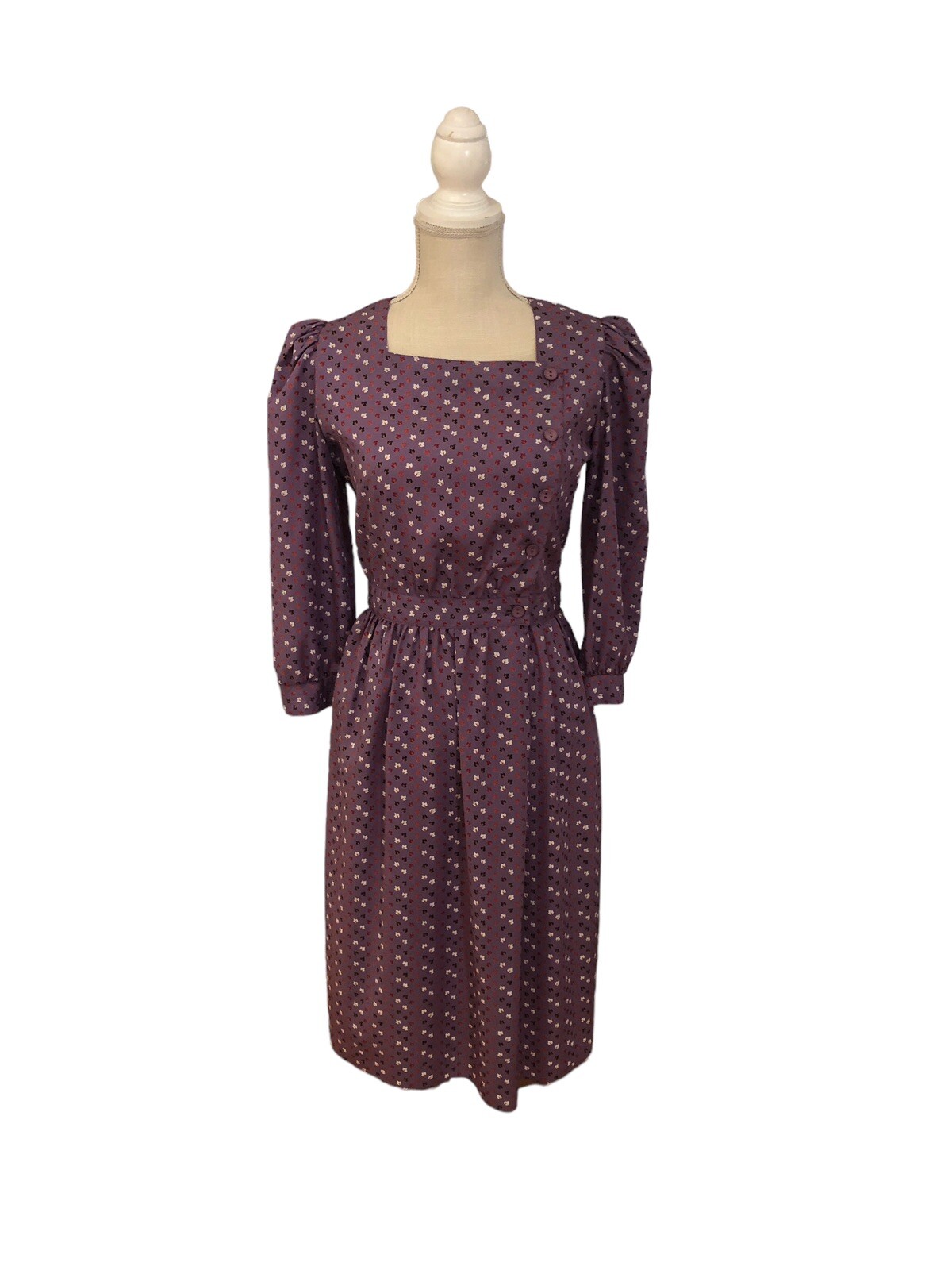 Vintage Murray Meisner Dress Plum Purple Fall Leaf Leaves Design XS Union Made