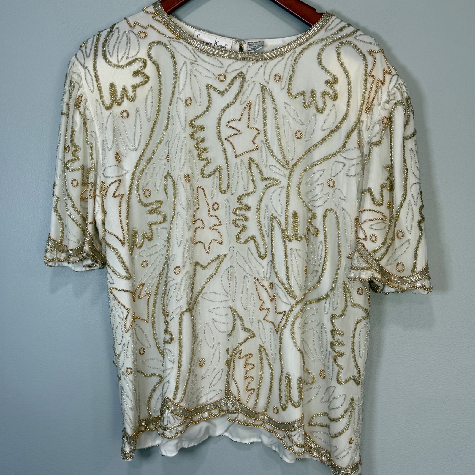 Laurence Kazar VTG Silk Beaded Sequin Blouse White Gold Silver 2X Evening Top