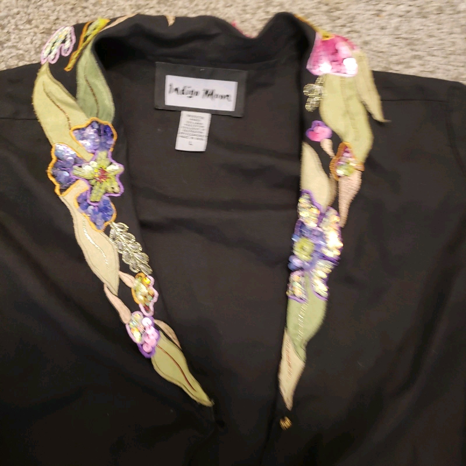 Indigo Moon Embroidered Sequin Floral Black Jacket Cover Up Party Boho L