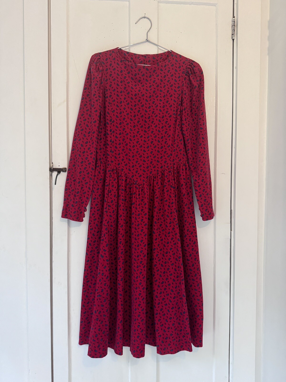 Vintage LAURA ASHLEY Red Paisley Corduroy Dress Square Collar UK 10 US 8