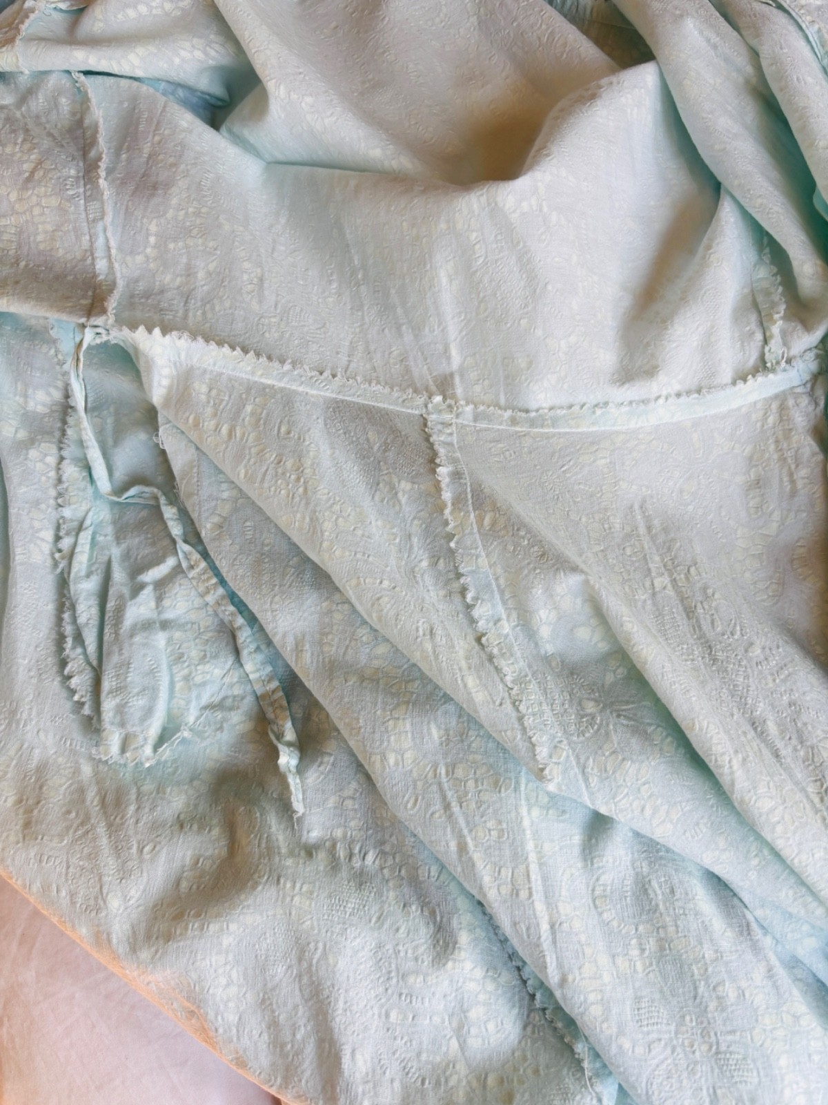 VTG 40’S HANDMADE SEMI SHEER MINTY BLUE FLORAL COTTON LACE WRAP HOUSE DRESS*S