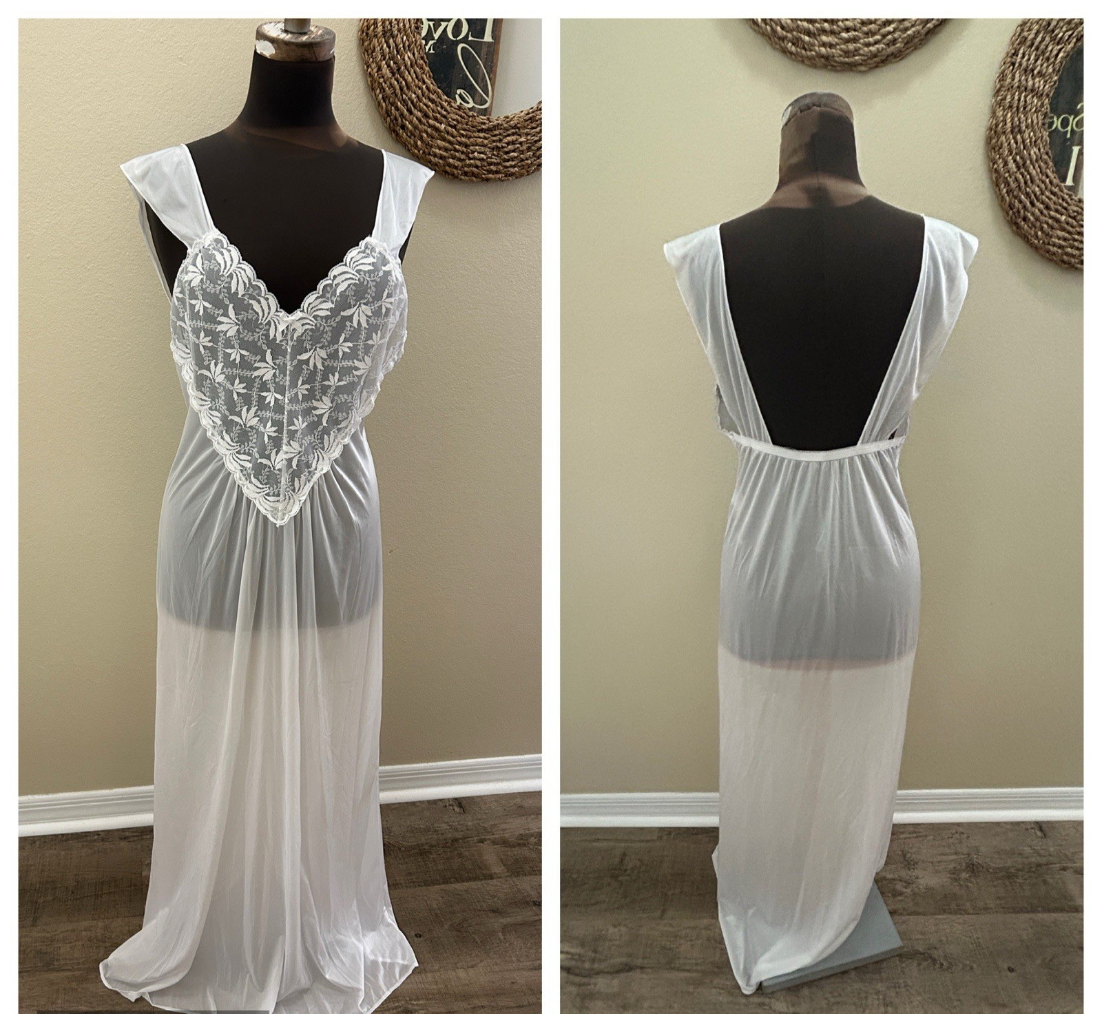 2 PC LATAISA Peignoir Nylon Chiffon Lace Nightgown Robe Set Wedding White NEW