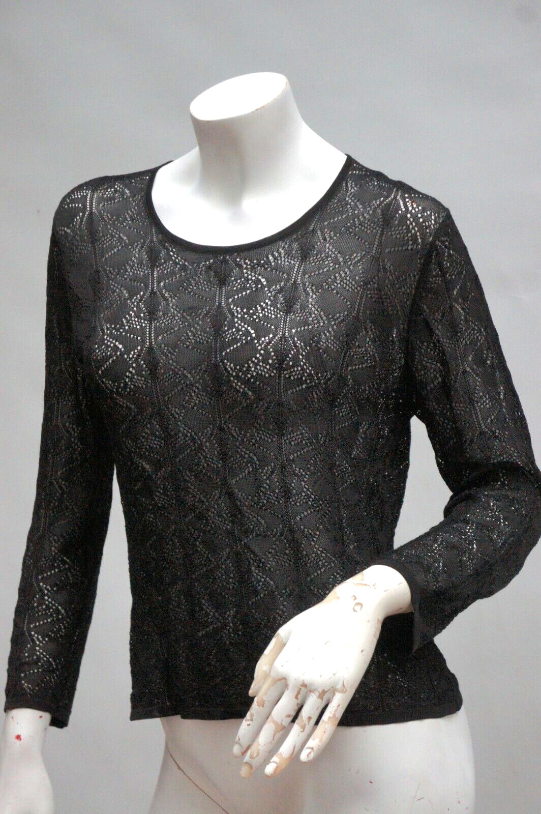 Vintage 80s Sheer Black Lace Long Sleeve T-shirt Top
