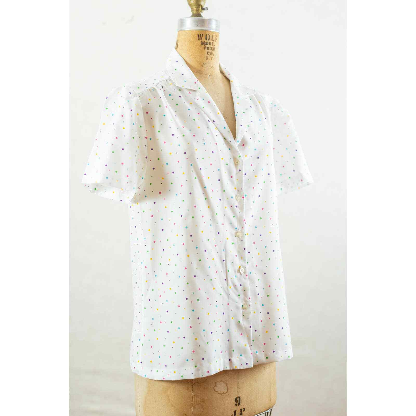 Vintage 80s Colorful Confetti Dot Blouse, Silky Polyester, Button Front, Med Lg