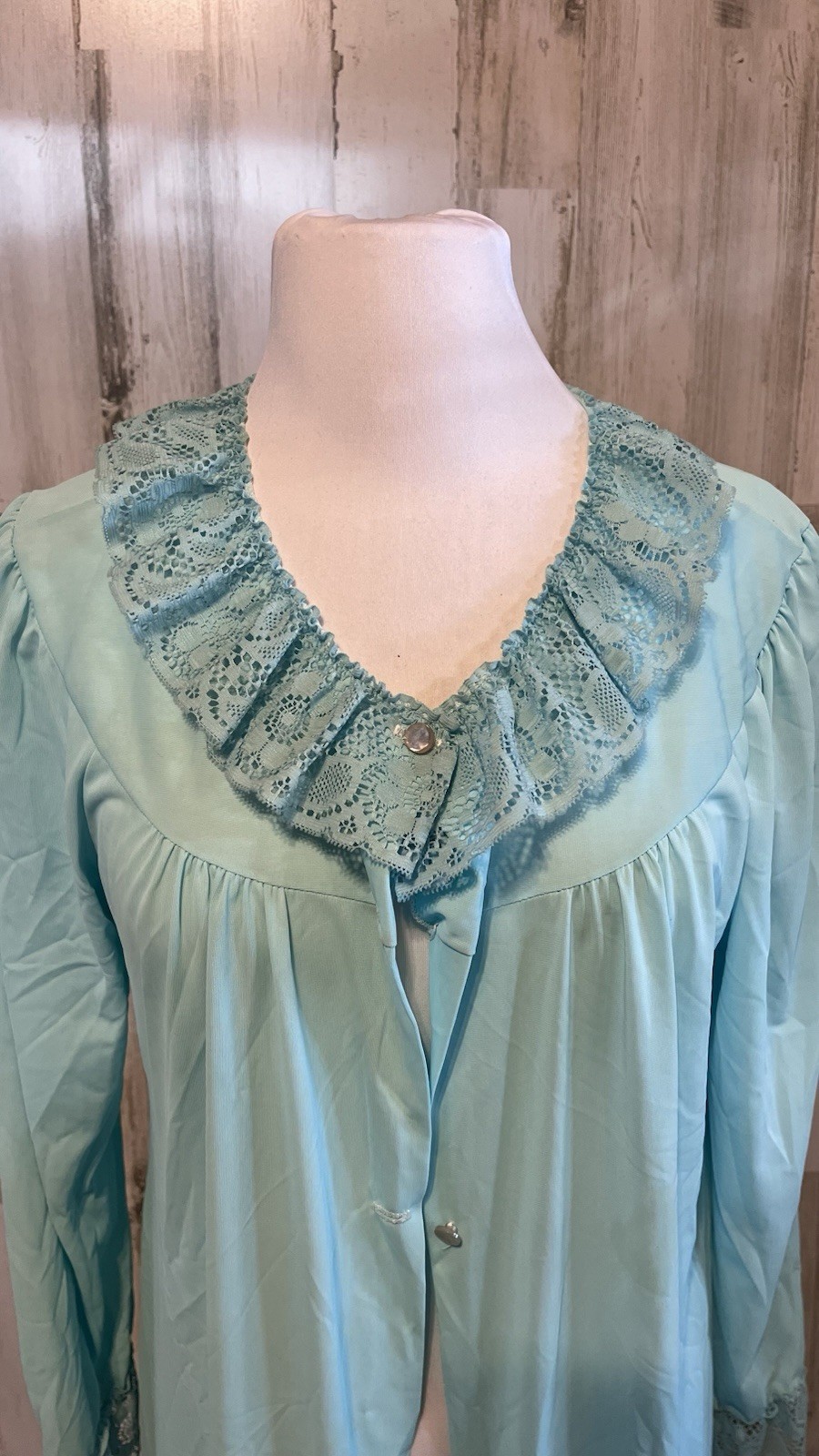 Vintage Miss Elaine? Blue Nylon Tricot Button Up Robe Lingerie Small Long Lace