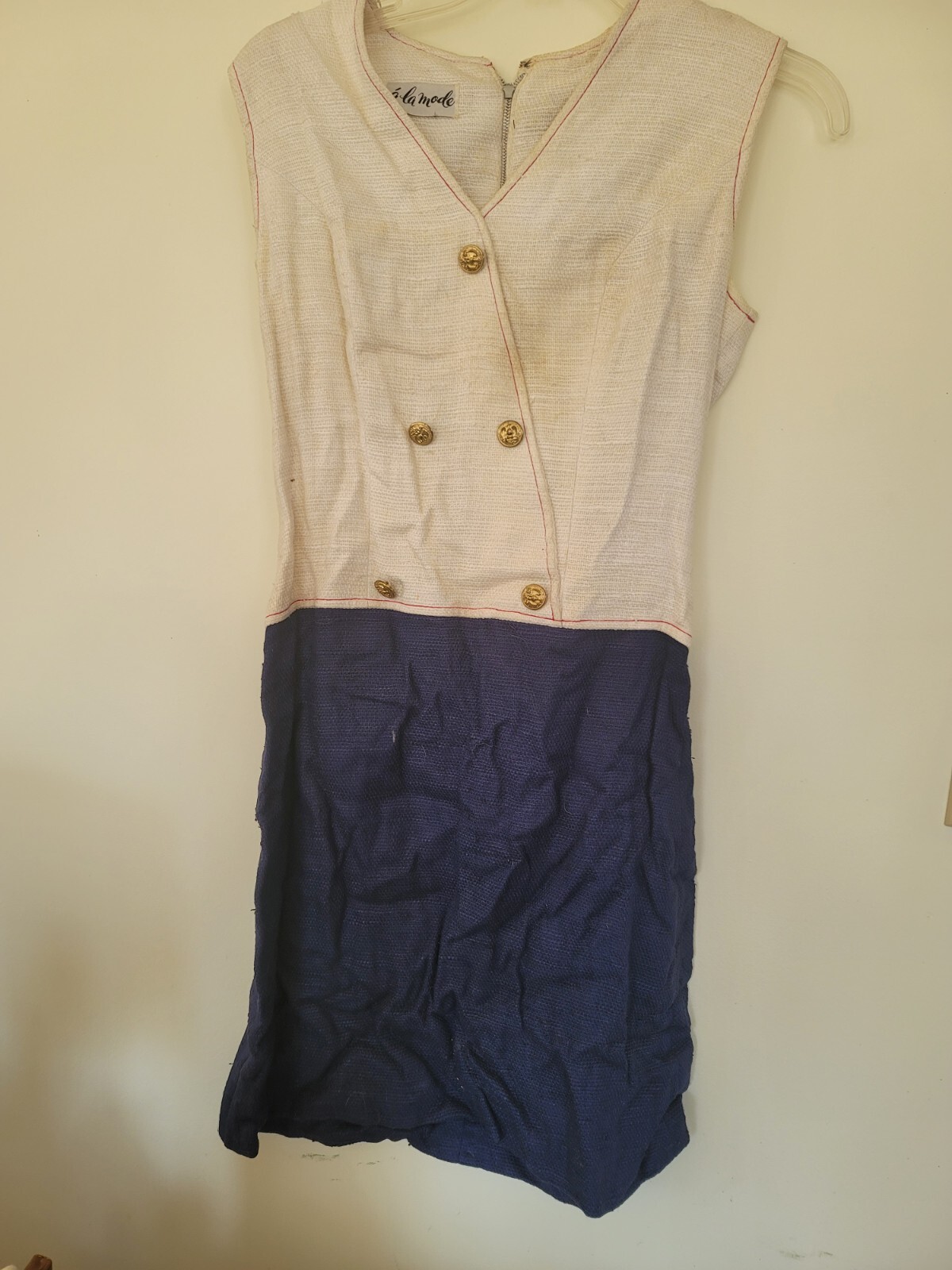 Vintage 1960’s Dress By A’la Mode Small Blue White Sailor Look Gold Buttons