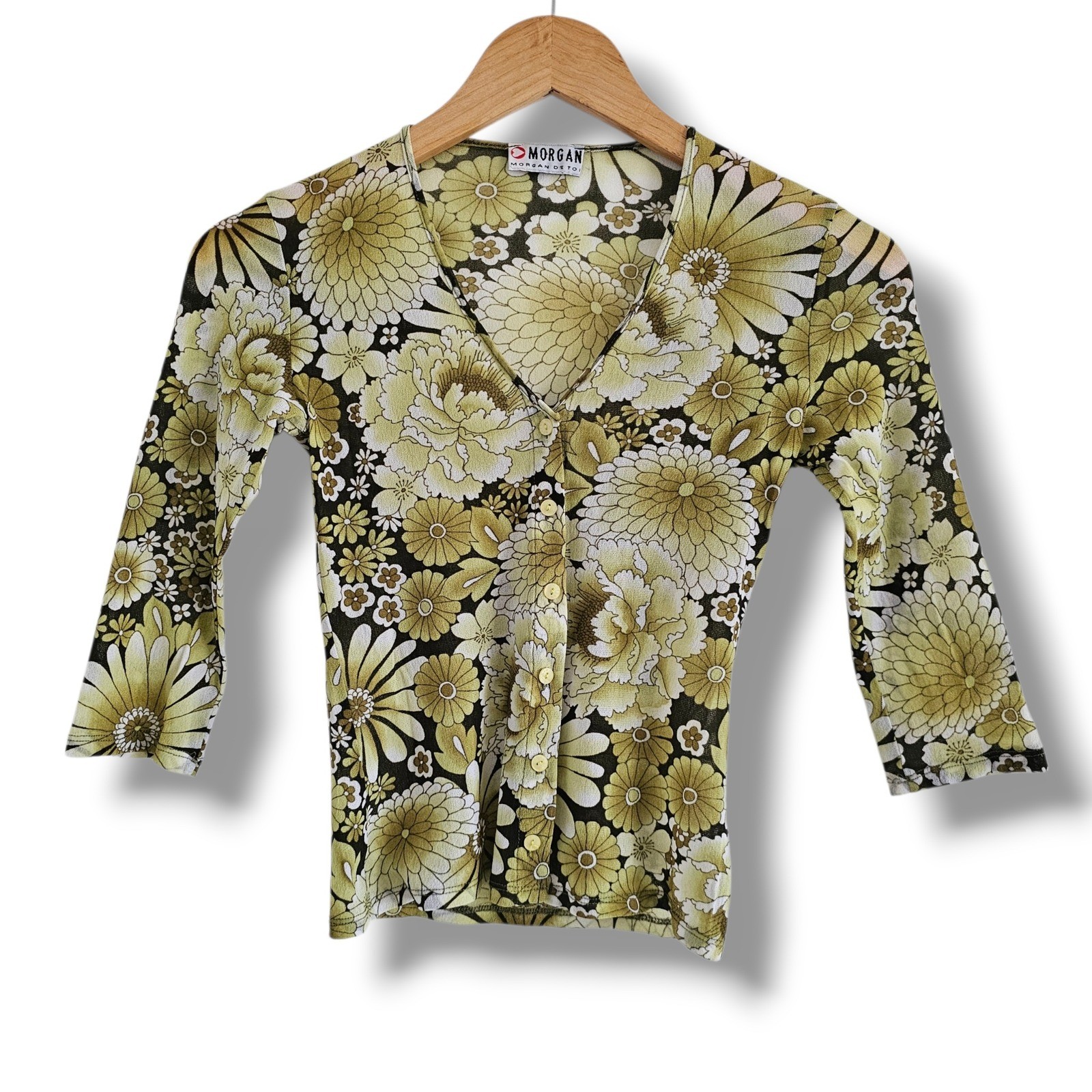 True Vintage 70s Mesh Top S Women Floral Button Front Retro Hippie Indie Grandma