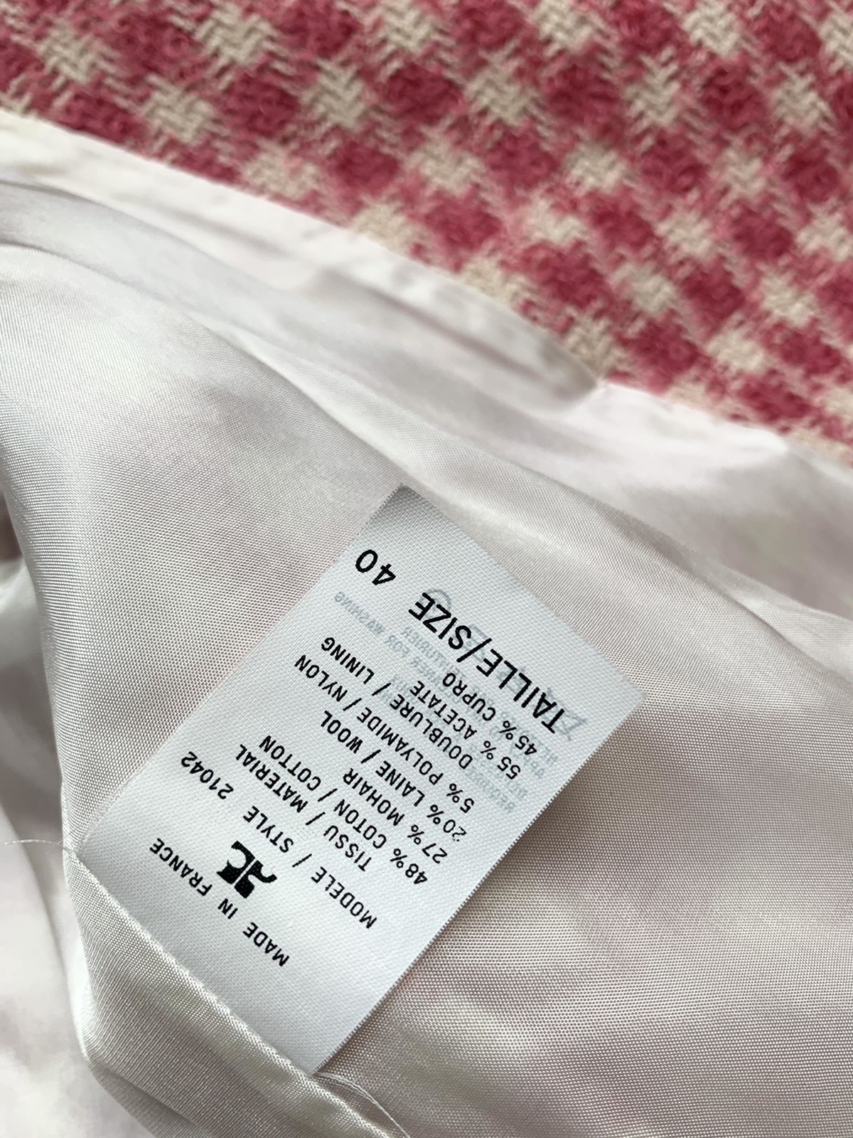 Vtg Courreges Skirt Suit Mohair Boucle Tweed Pink White Checks Womens 40 France