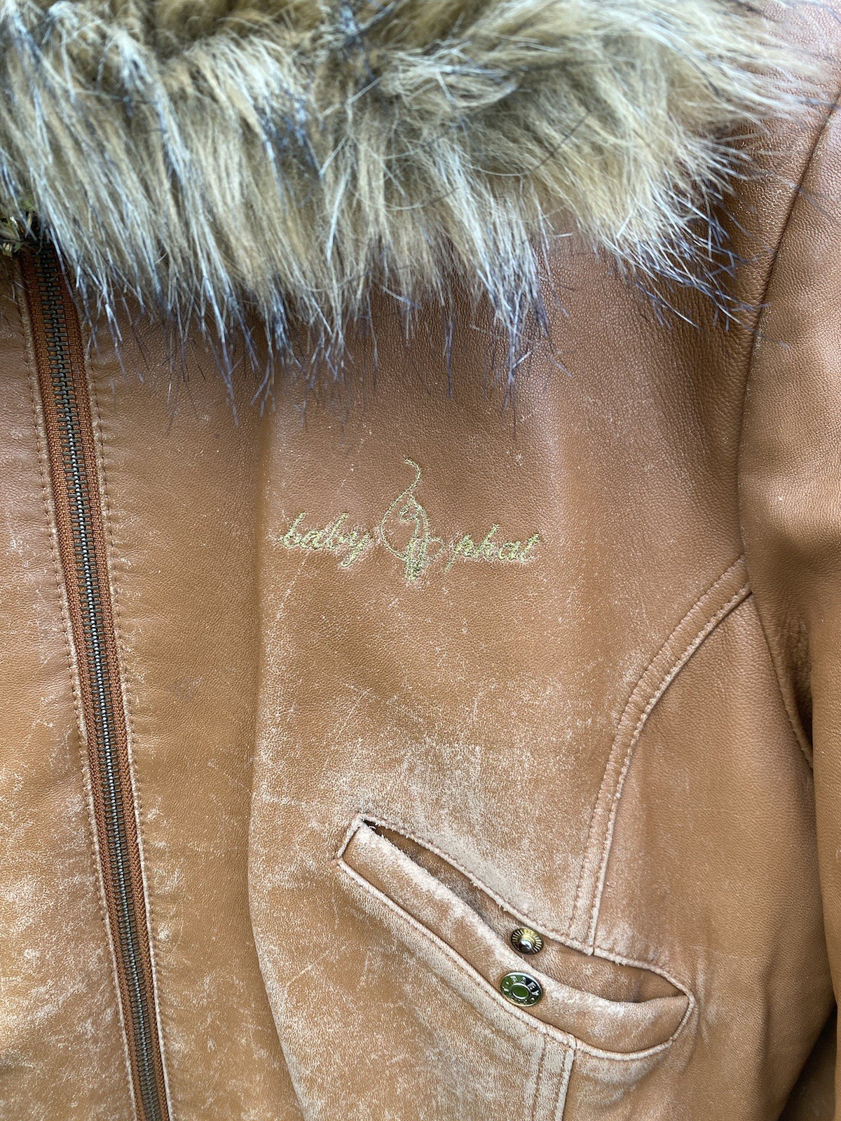 Vintage Baby Phat Leather Jacket Women’s XXL Brown Faux Fur Hooded Embroidered