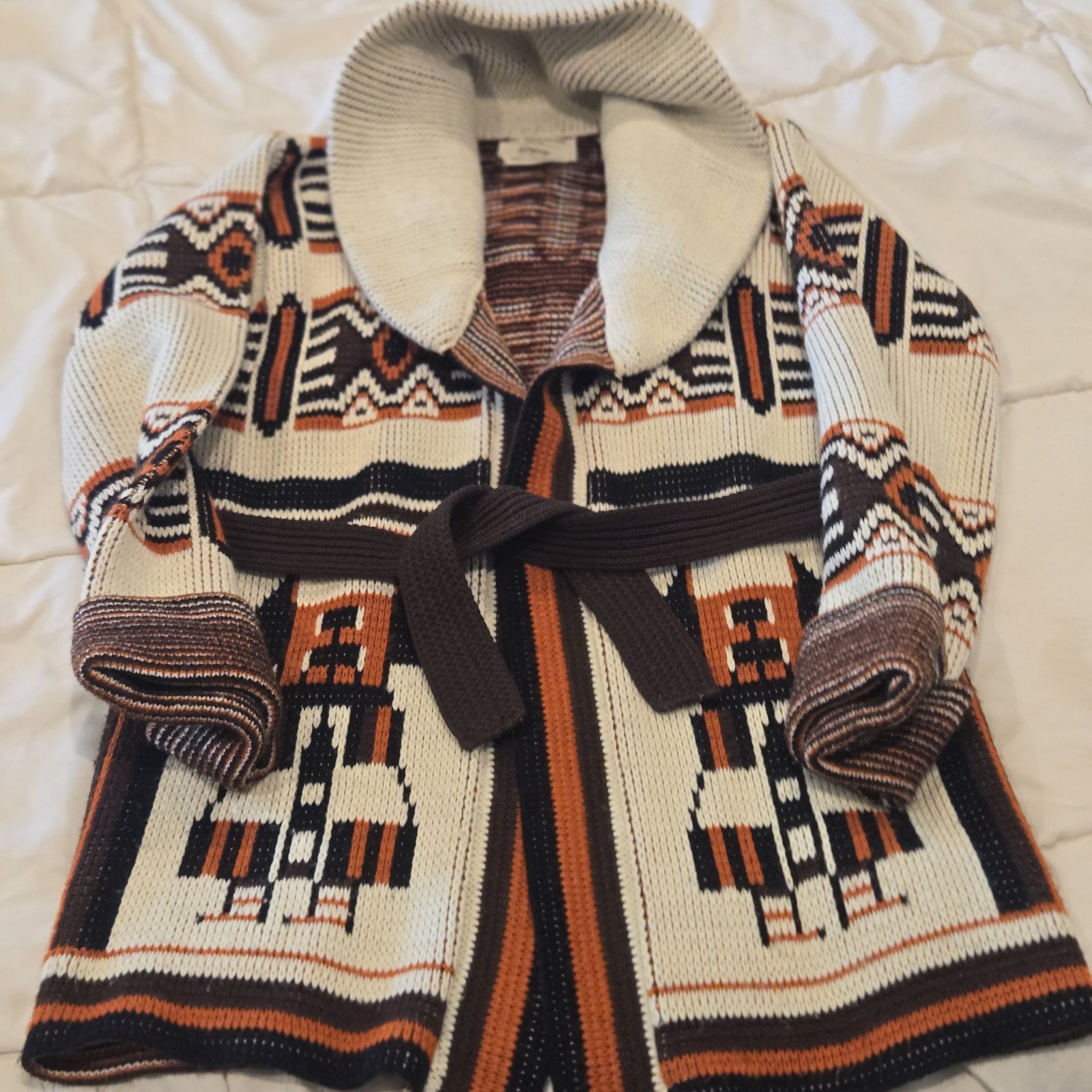 VTG 60/70’s AZTEC CARDIGAN JCPENNY Sz M/L Orange Brown Black Rust Bell Sleeve