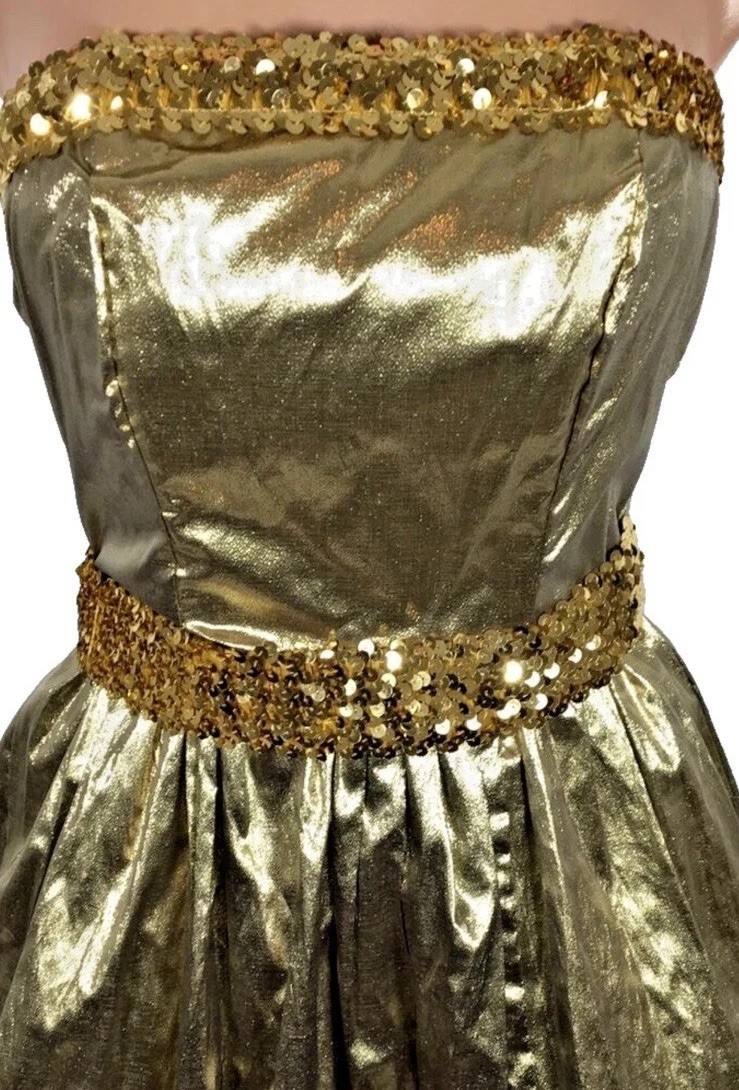 Vintage 80’s JC Penny Gold Lame Gown Party Prom Sequin Spaghetti Strap Dress XS