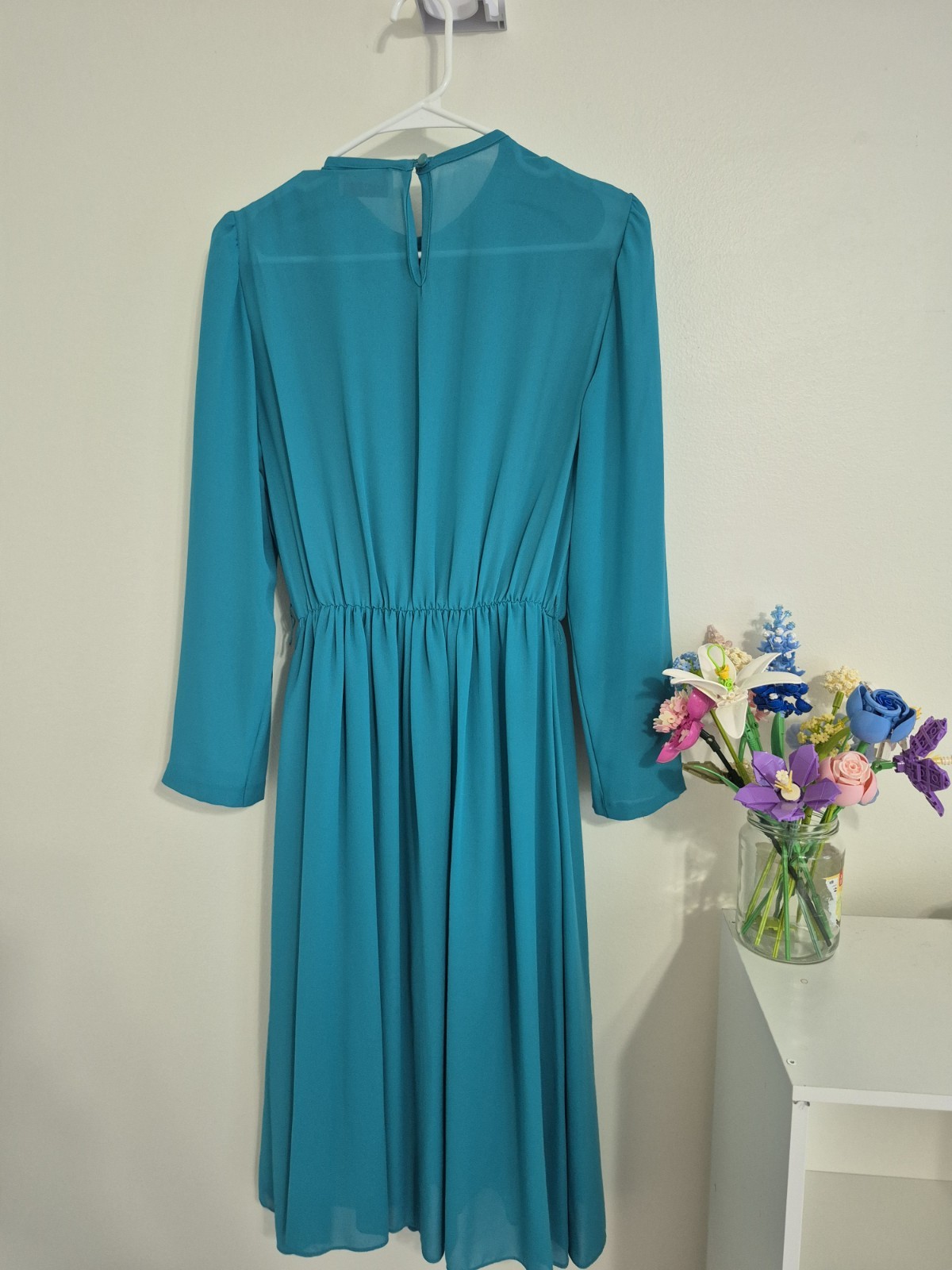 Vintage 70s 80s Cathy Sue Teal Sequin Illusion Midi Dress Pleated M/L