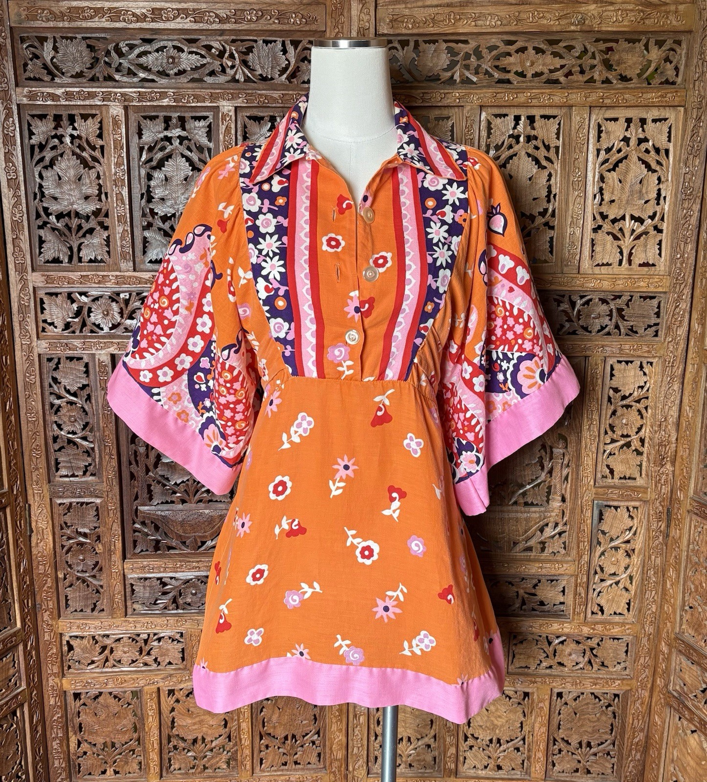 VtG 60s 70s Psychedelic Mini Dress Flower Power Hippie Paisley Floral Colorful