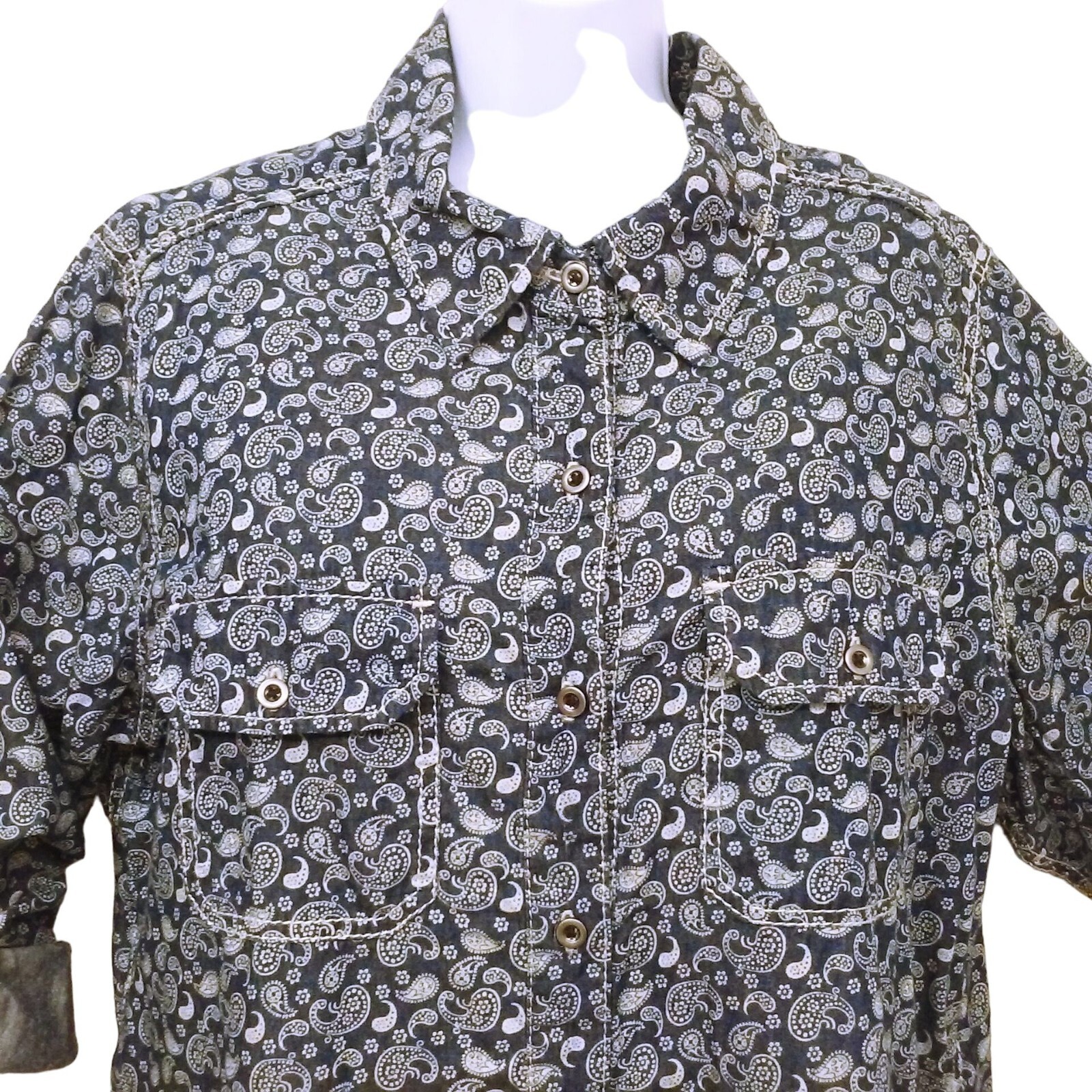 Seven7 Luxe Top Shirt Plus(18/20) Paisley Chambray Cotton Pockets Button-up Navy