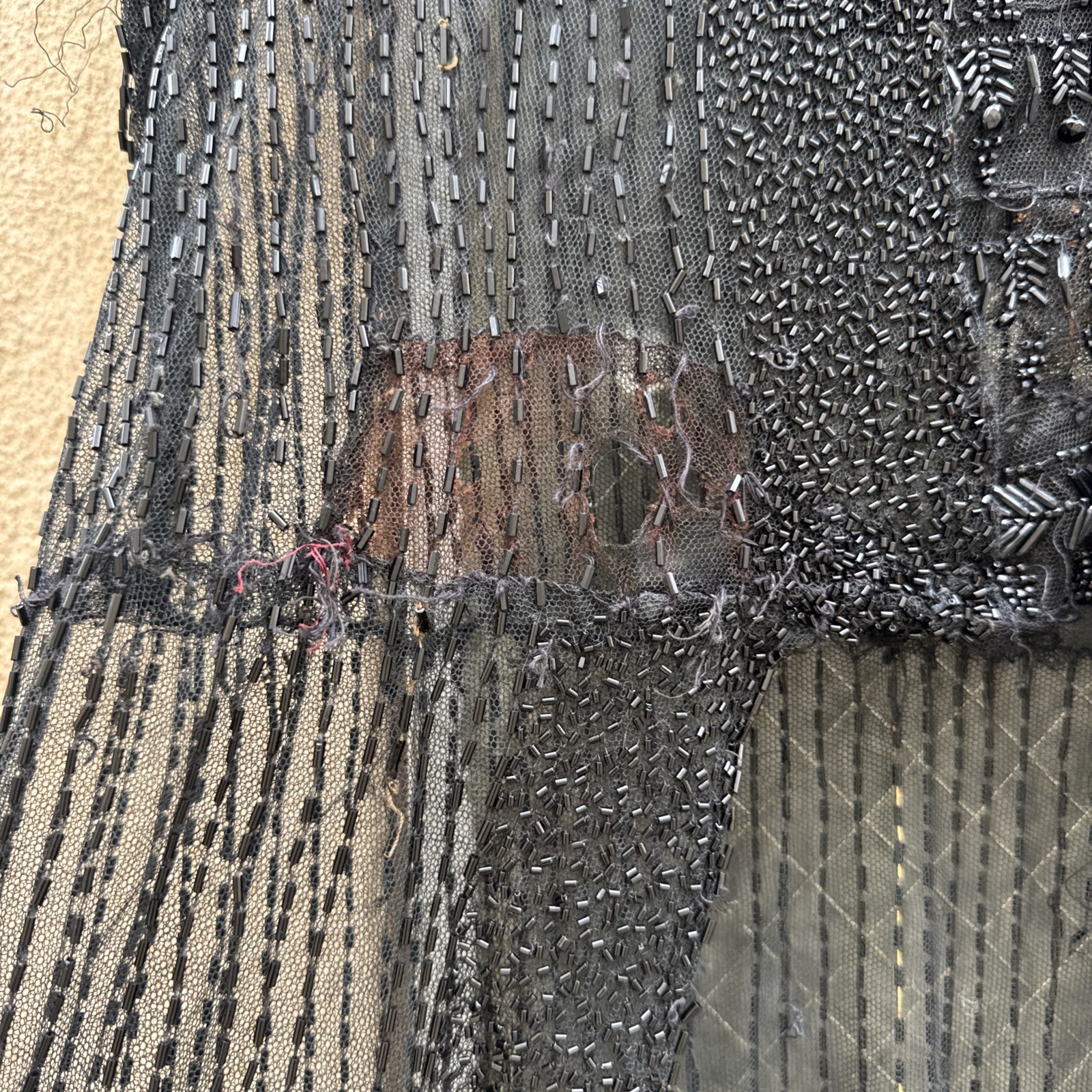 Antique 1920s Black Net Heavily Beaded Dress Train Short in Front Floral Vintage