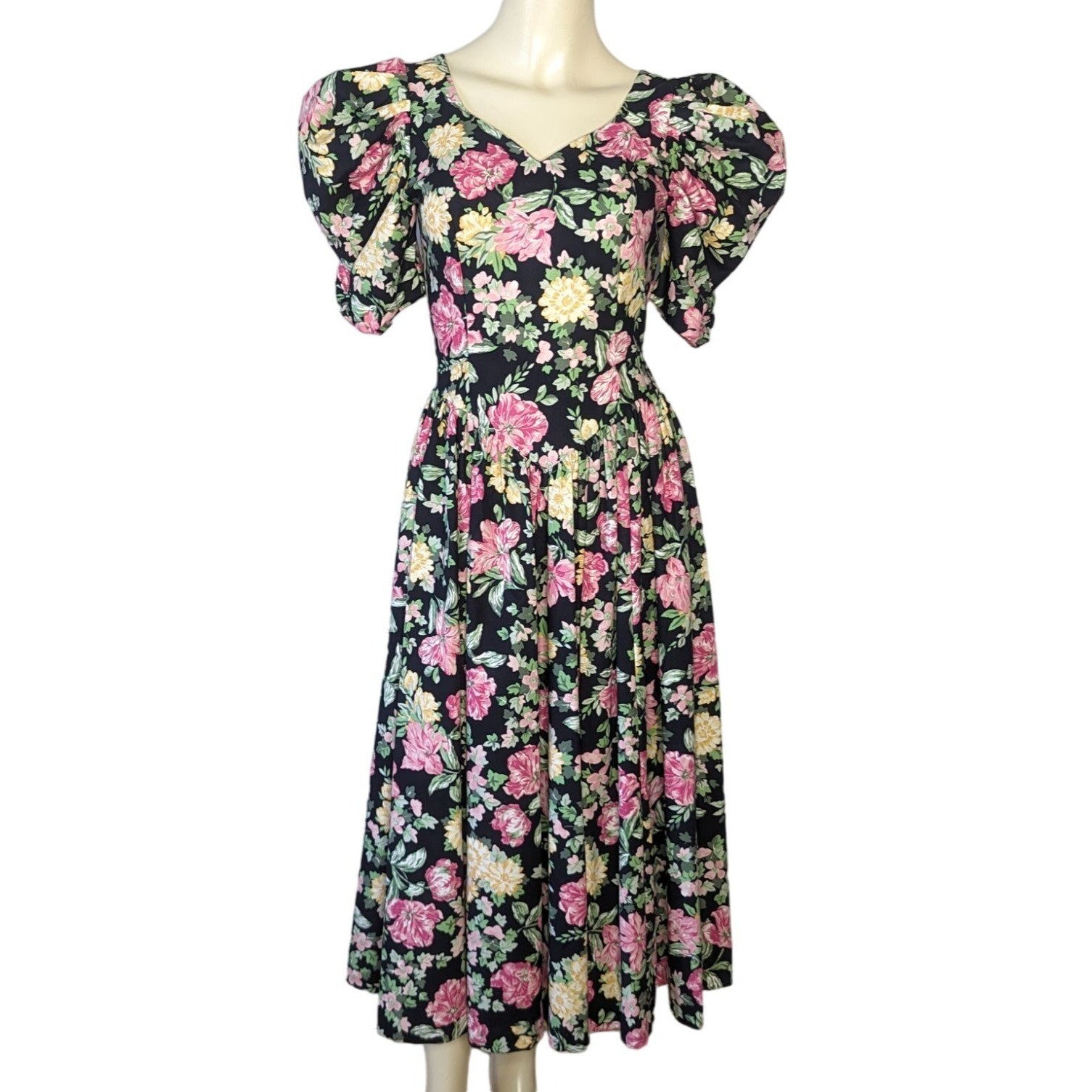 LAURA ASHLEY dress size 8 multicolored floral V neck low V back bow vintage