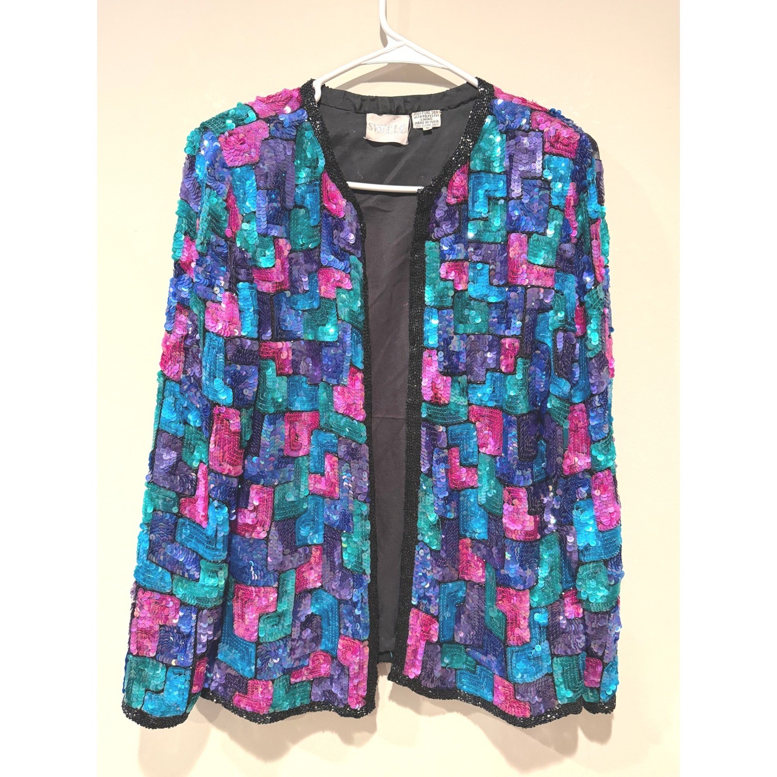 SWEELO Vintage 100% Silk Sequin Jacket Beaded Evening Party Cocktail Holiday