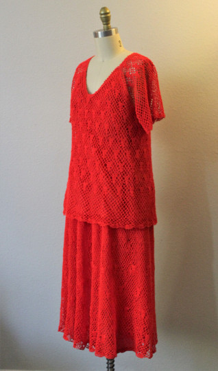 Vintage 1970s Thumbs Up Red Crochet Lace Acrylic Knit Skirt Top Blouse Dress Set