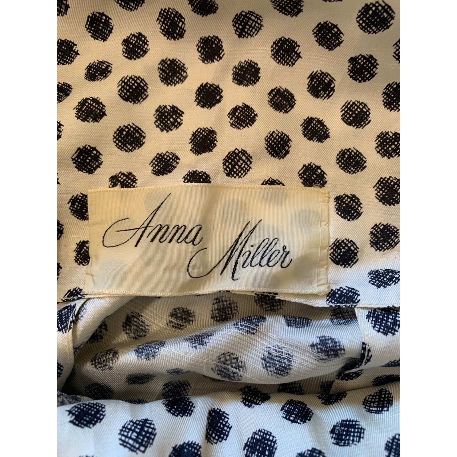 Anna Miller Vintage 50s Polka Dot Cold Shoulder Dress White Black Fringe Trim