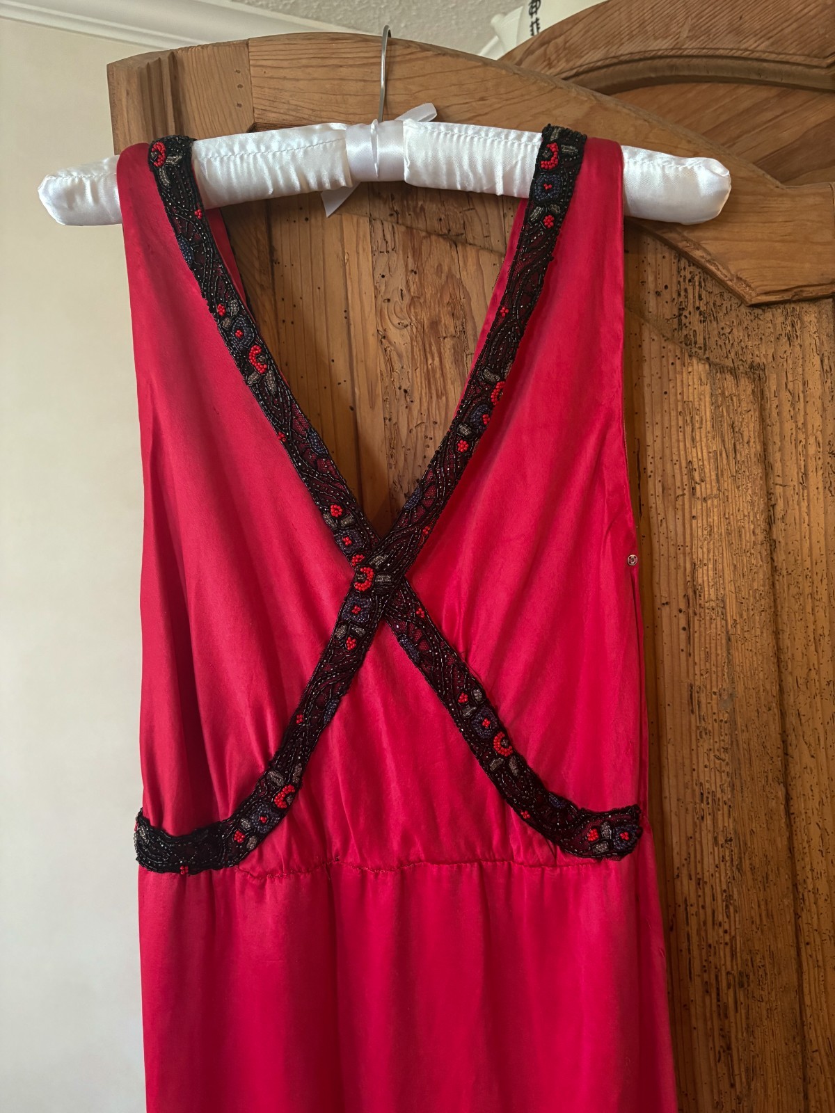 Antique vtg true 1930s red cherry silk beaded trim dress, excellent