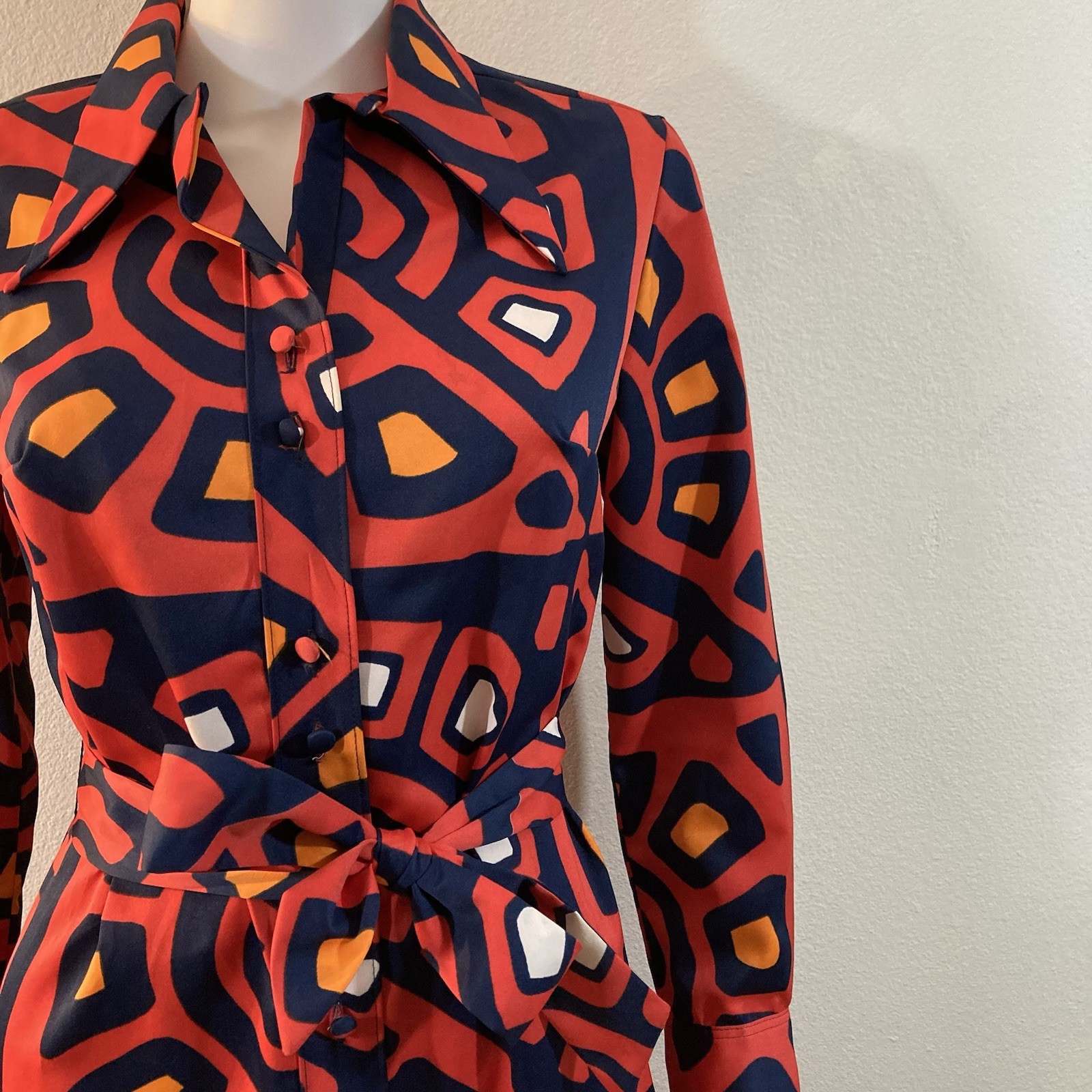 Lanvin Paris Mod Belted Shirt Dress 1970s Vintage Long Sleeve, Dagger Collar, 10