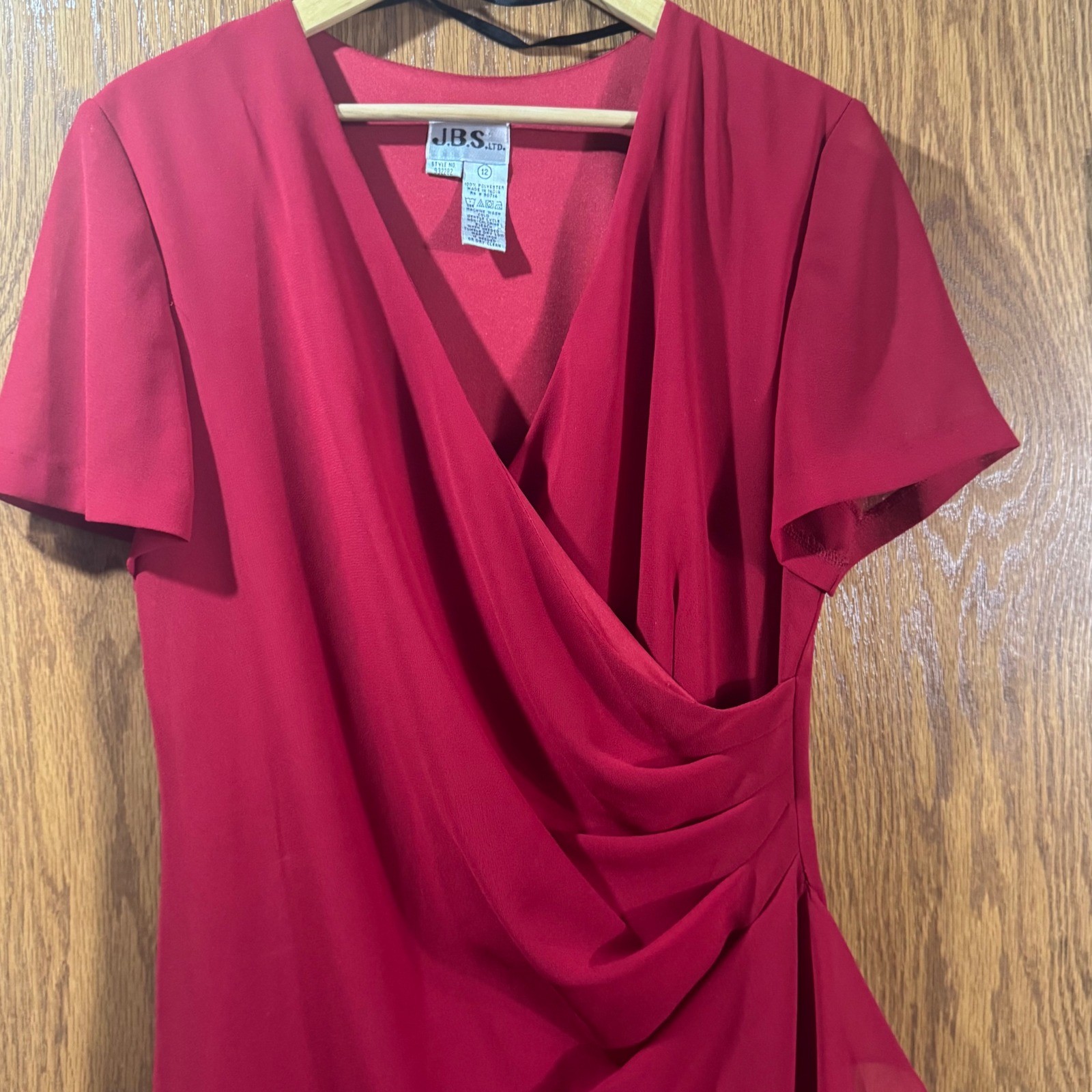 Vintage JBS Ltd Red Faux Wrap Chiffon Midi Dress Womens 12 Short Sleeve 932282