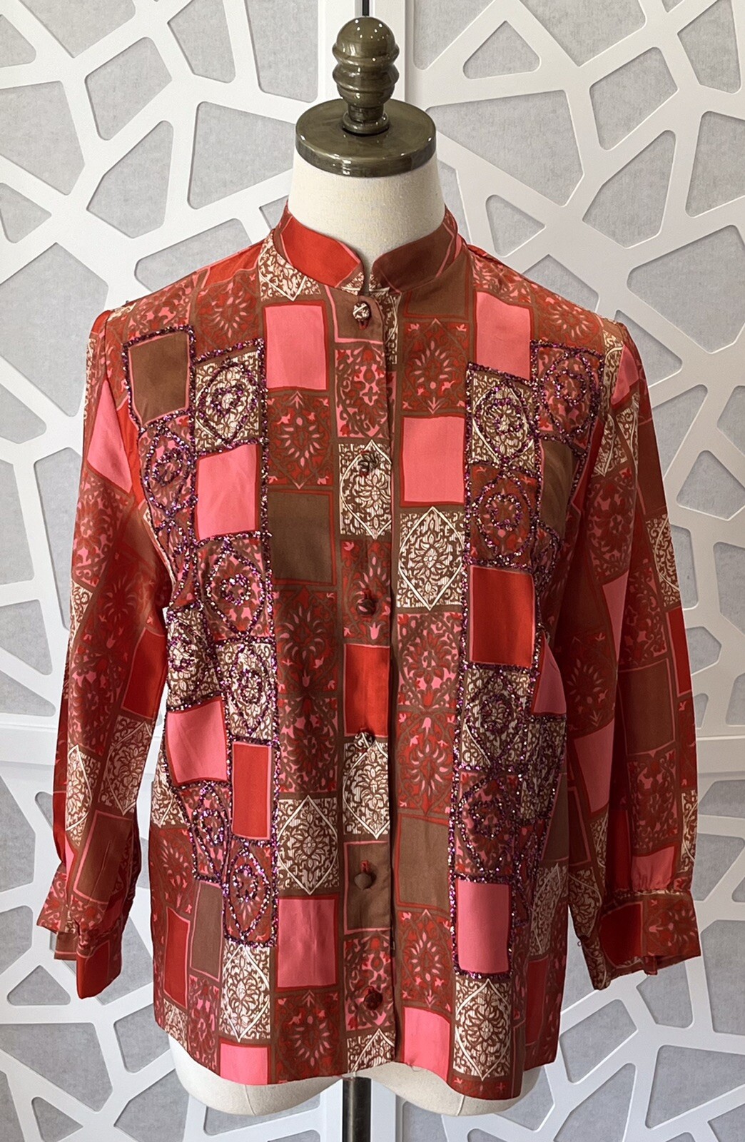Vintage 60s 70s Fashioned by Gregory pink & brown shirt glitter women’s L