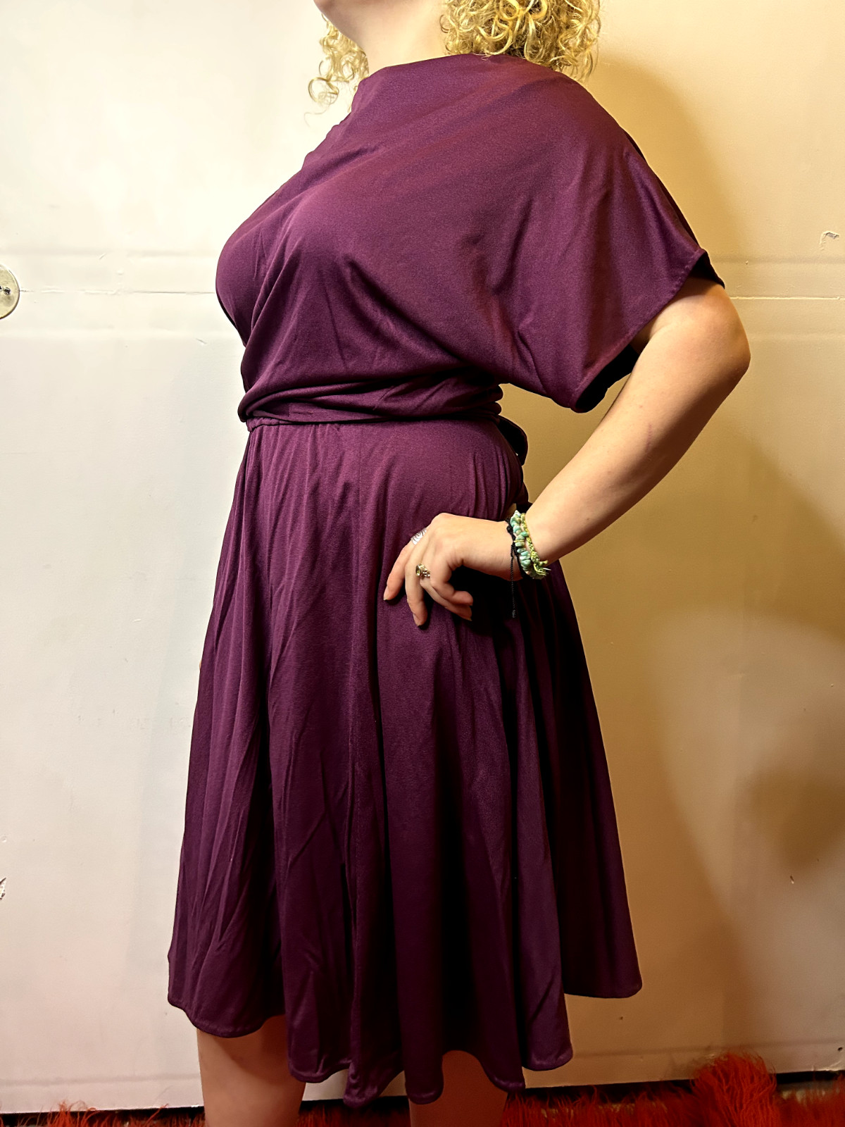Vintage 1980s Purple Mauve Slinky Blouson Dress Belt Tie Yoke Midi Evening AU 14