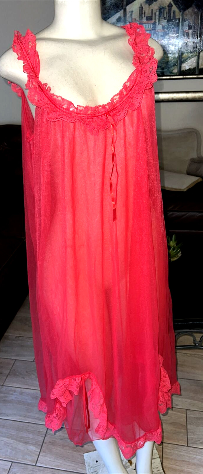 VTG Intimate Fashions Chiffon Nitegown Red Layer w/ Lace Trim Scallop Hem M b13