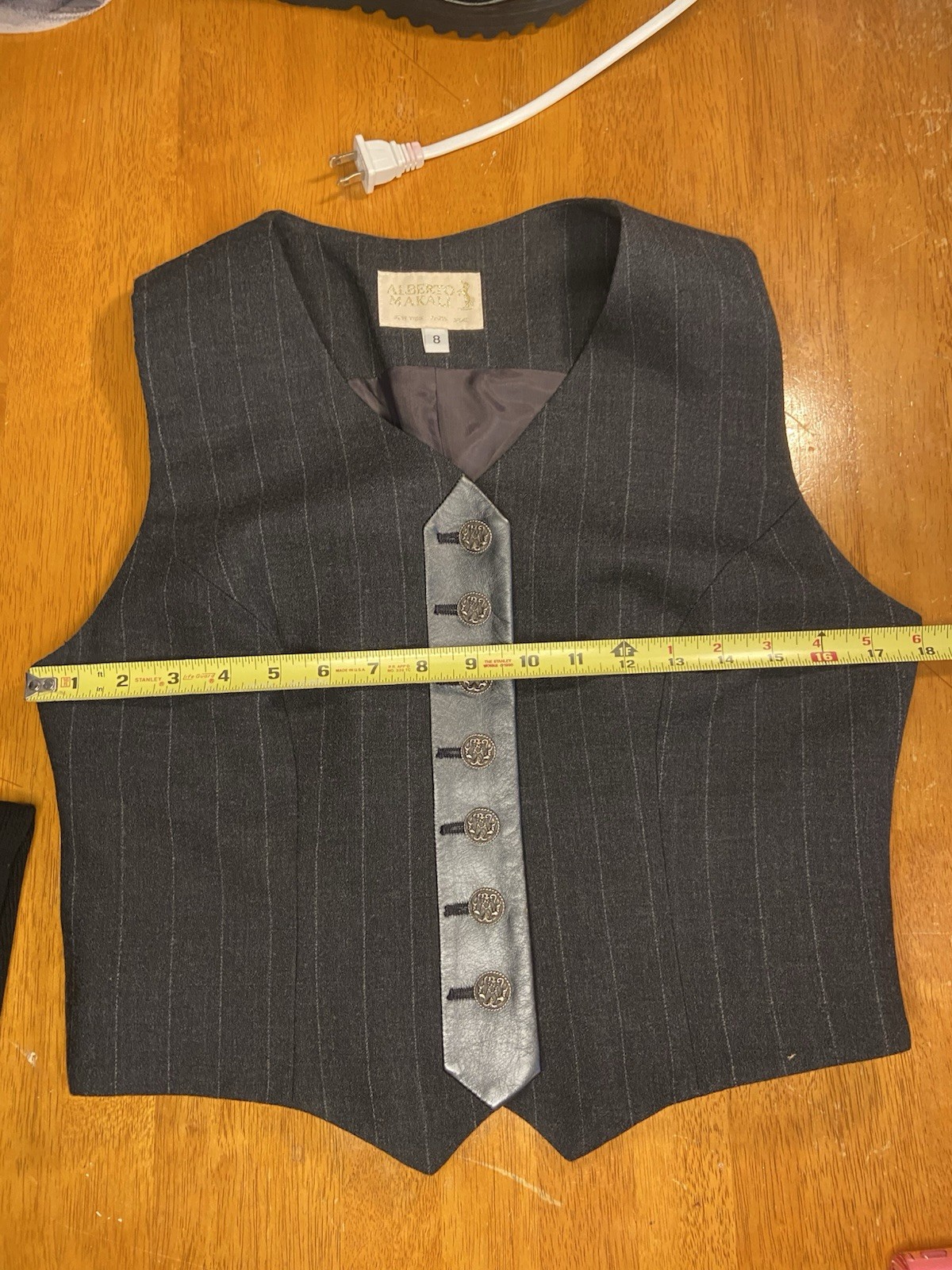 VTG Alberto Makali Wool Vest Genuine Leather Trim Pinstripe Waistcoat Womens S 8