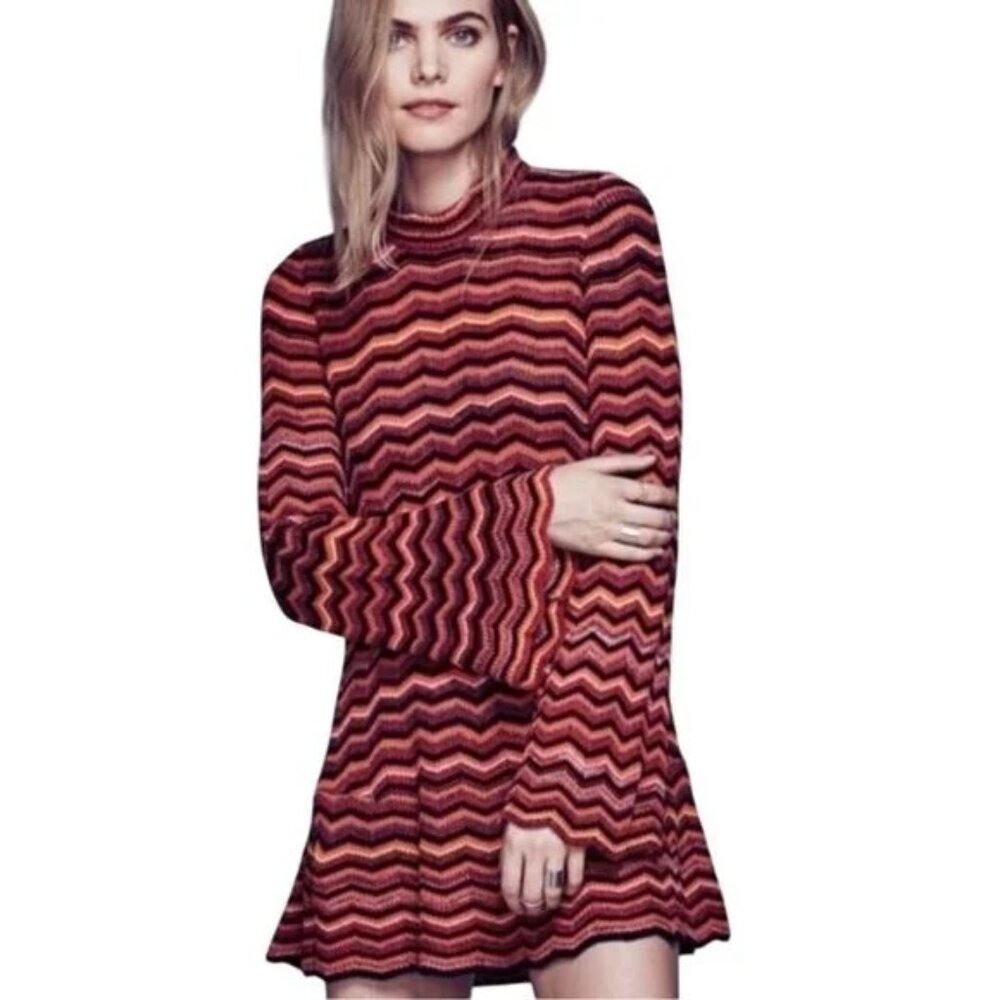 Free People Ziggy Chevron Bell Sleeve Sweater Dress Autumnal Retro S- Linen/Wool