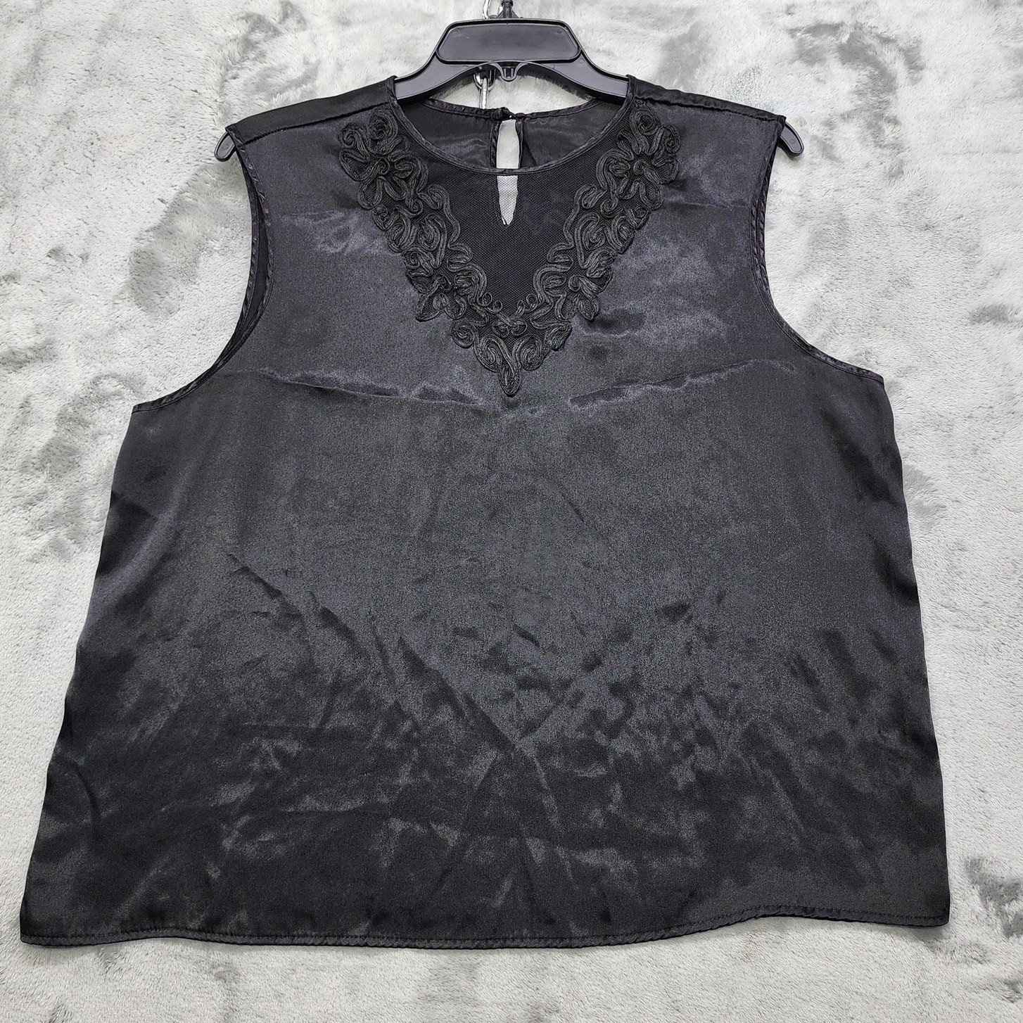 Vintage 80s Live Star Top Women L Black Round Neck Sheer Satin Sleeveless Blouse