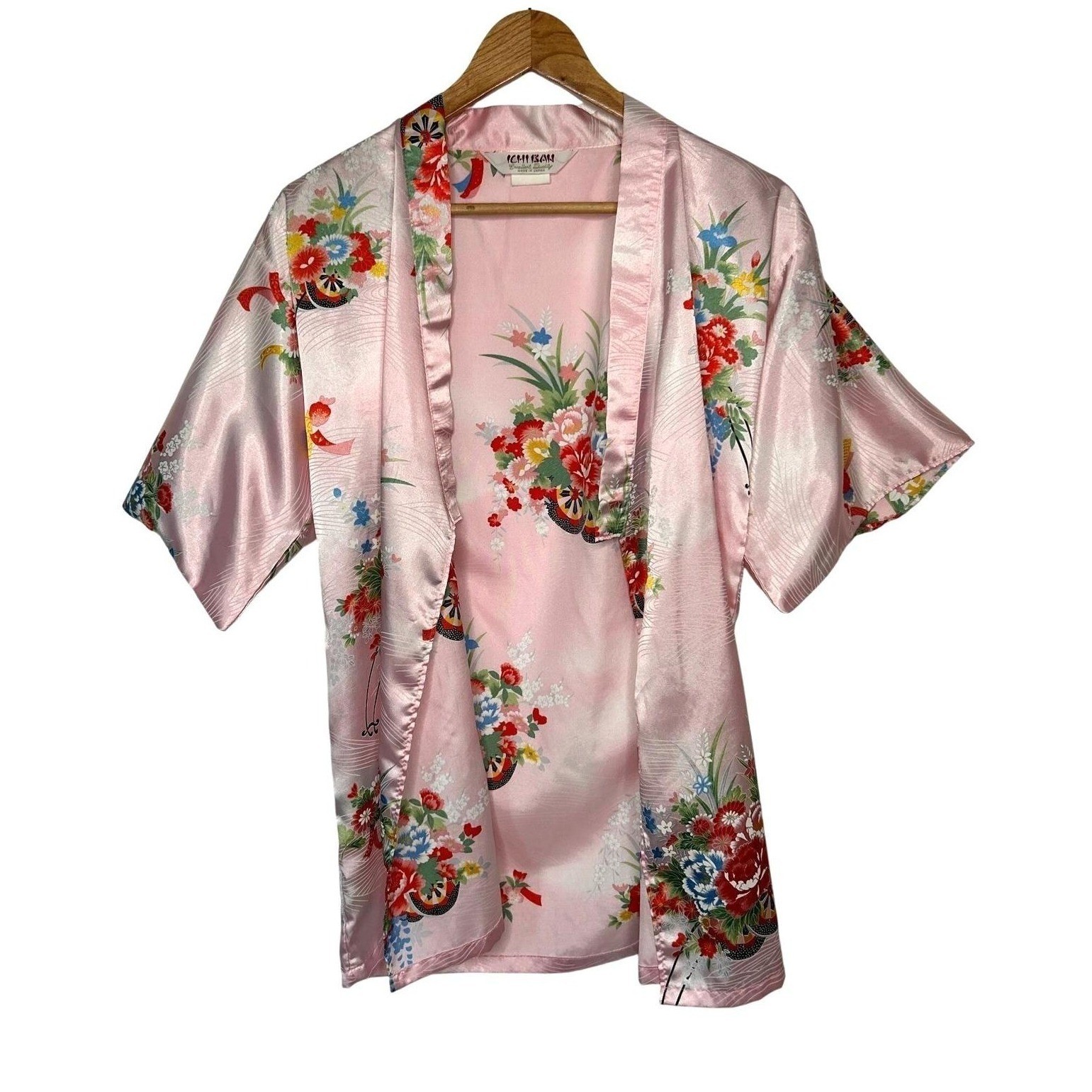 Vintage Pink Satin Floral Kimono Robe Made in Japan Coquette Romantic Fairy XS/S