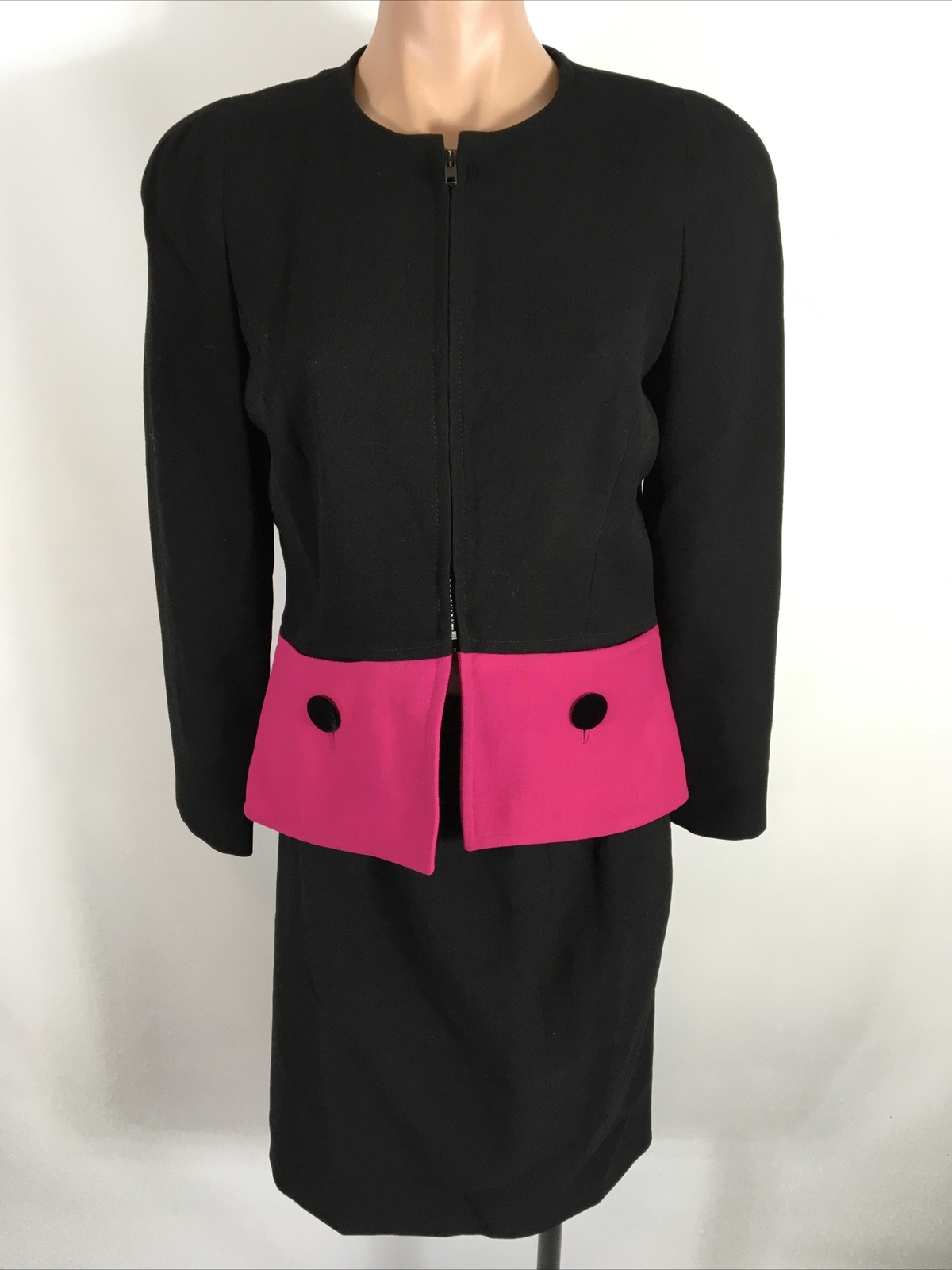 Vintage 80s Black Hot Pink Skirt Suit MOD Retro Stanley Platos Martin Ross Sz 8