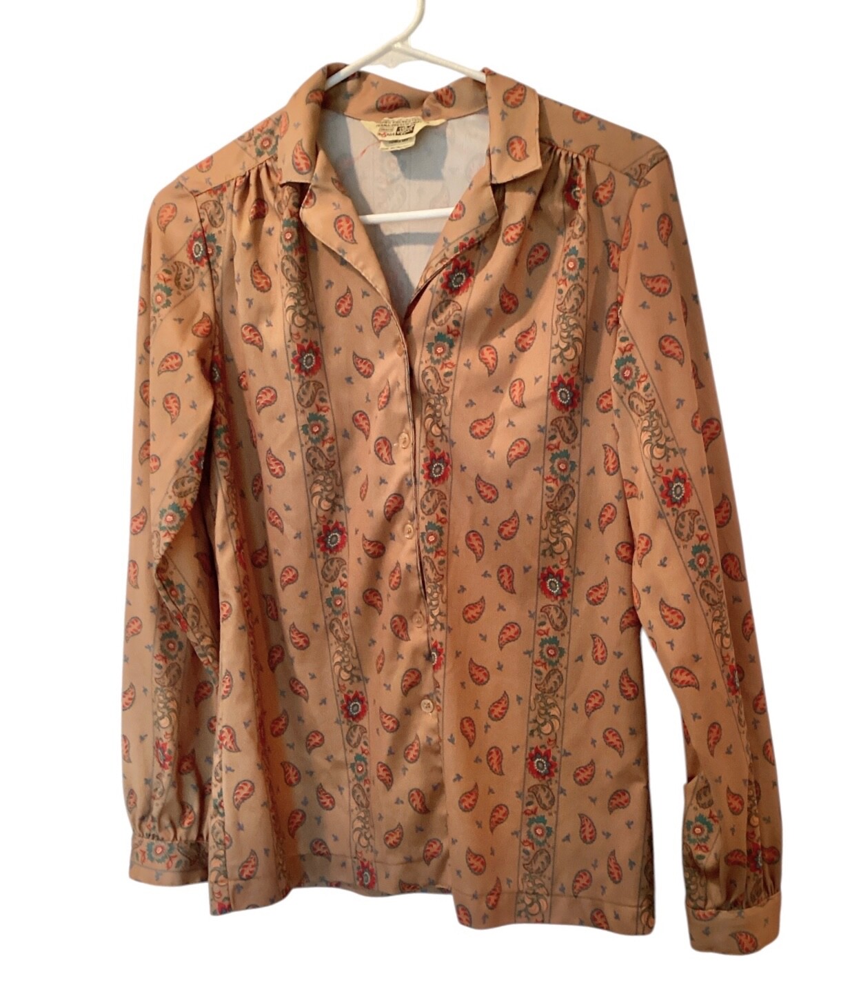 Sears The Fashion Place paisley polyester button up shirt Vintage women’s Sz SM
